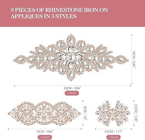Miniatura 8 de 9 piezas de apliques de diamantes de imitación para planchar, 3 estilos de diamantes de imitación de fijación en caliente, apliques de pelo de boda