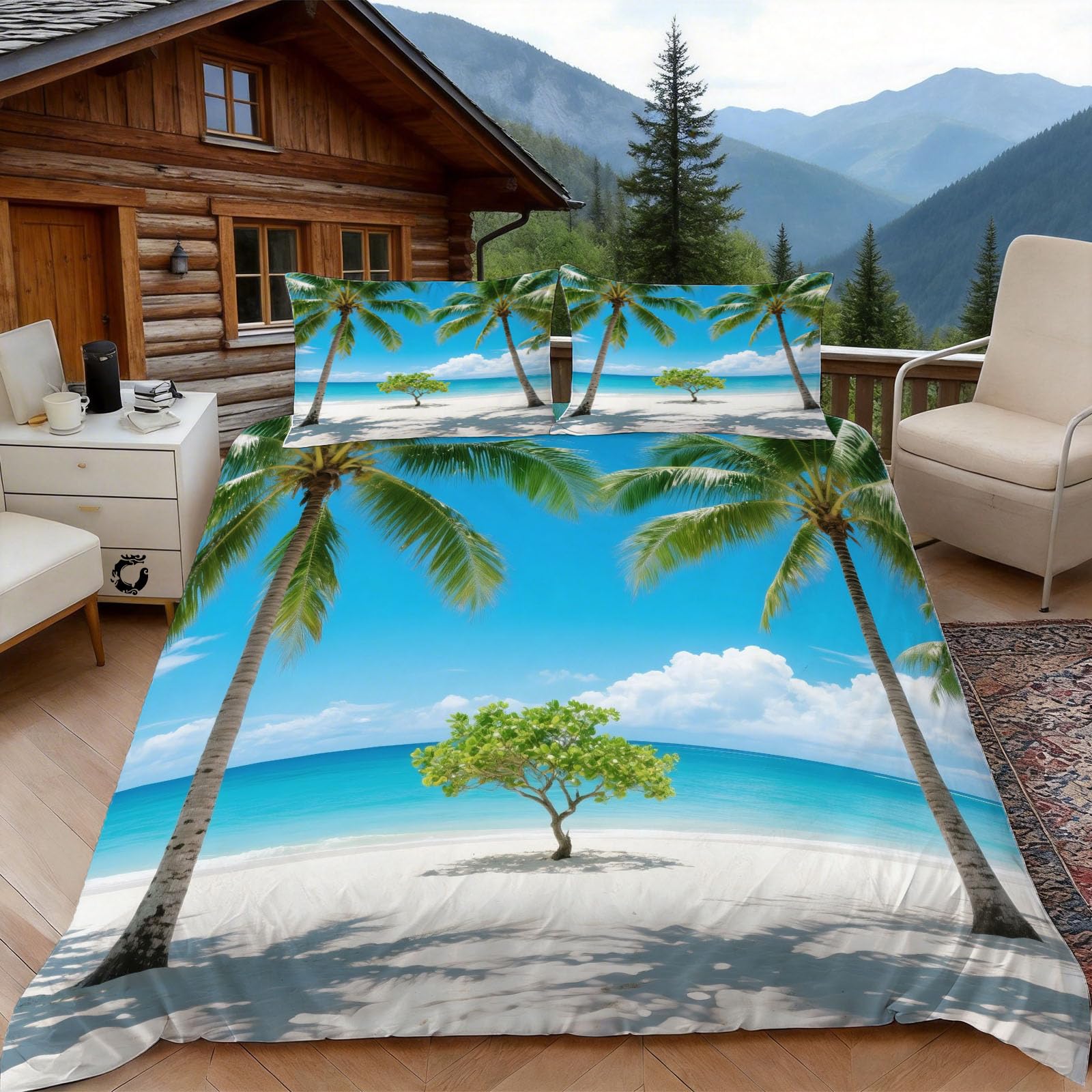 Housse de couette 200x200 plage cocotiers avec taies 65x65 cm
