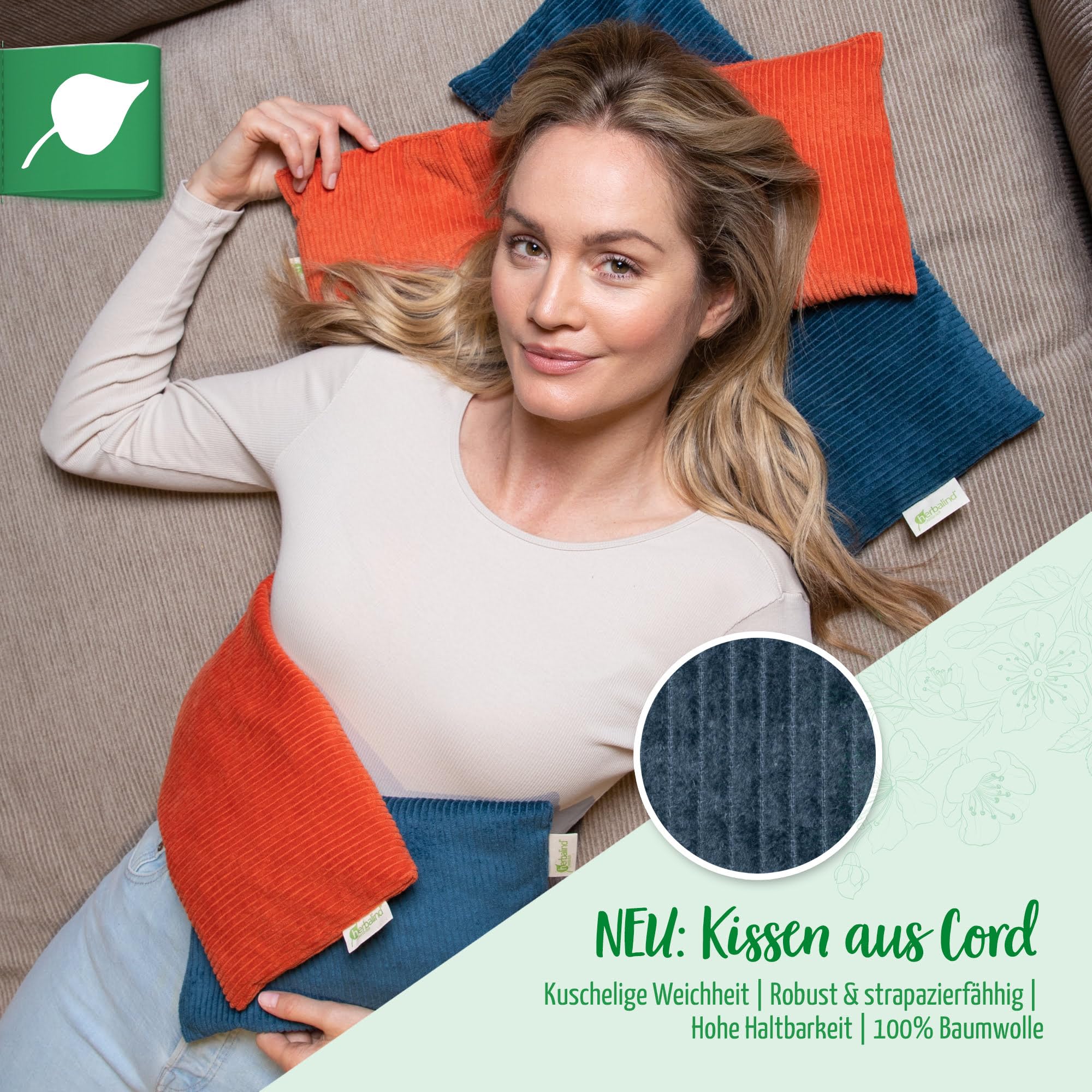 HERBALIND Robustes Kirschkernkissen Cord Premium 50x20cm 900g (L) - Handmade in Germany - Wärmekissen für Mikrowelle - 100% OEKO TEX Baumwolle für Erwachsene Kinder (Cordstoff, petrol)