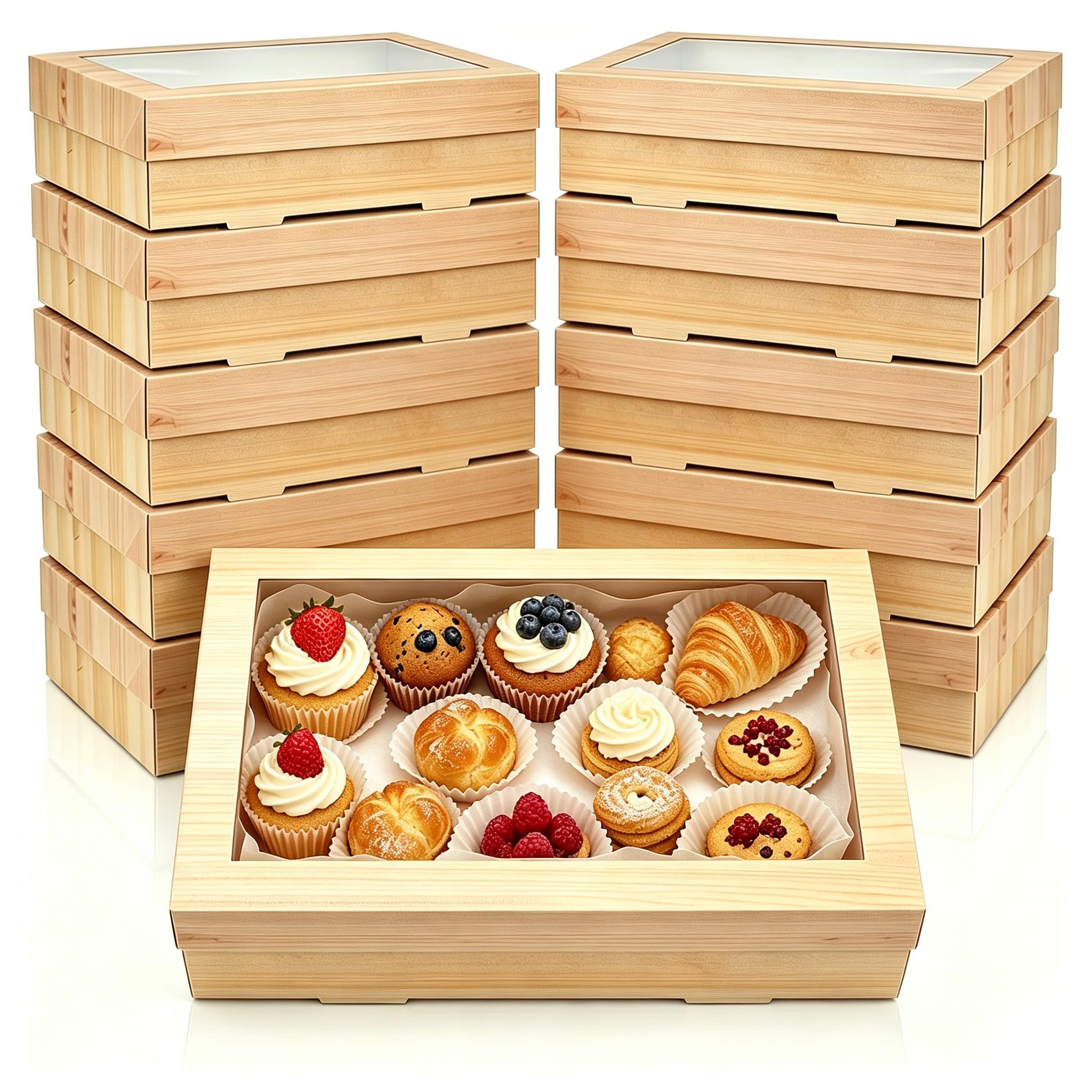10 Pack Bakery Boxes with Window, 30 x 20 x 8cm Large Cookie Boxes, Extra Strong Cupcake Boxes, Pastry Boxes, Brown Treat Box for Gift Giving, Baking Pies, Cakes, Muffins and Desserts (Wooden,S)