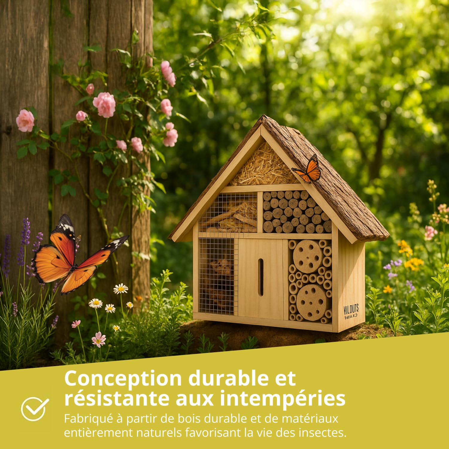 Smart-Planet Hôtel à Insectes En Bois Naturel – Robuste Avec Toit Métal, 15x9x26 Cm, Pour Abeilles, Coccinelles & Papillons Au Jardin