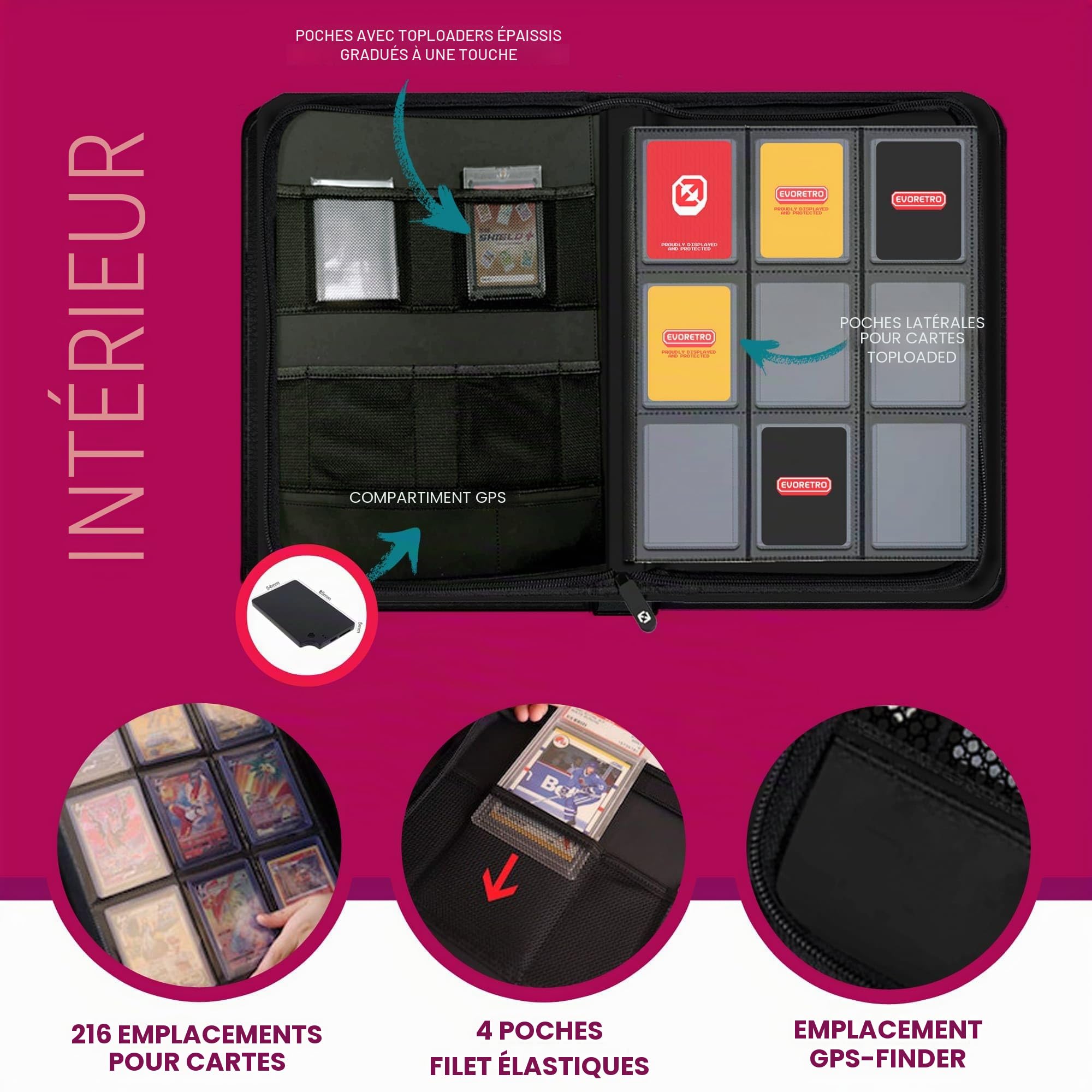 Classeur à chargement par le haut – 35pt-55pt 7,6 x 10,2 cm noir portable pour cartes de rangement, 9 poches, 216 emplacements pour cartes rigide, 4 poches PSA, Lorcana, Pokémon, MTG, classeur de