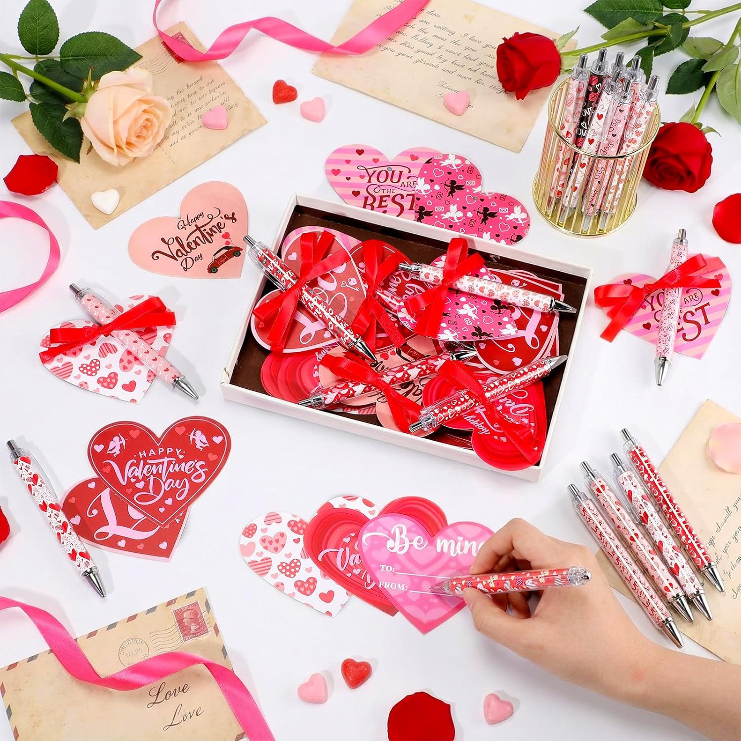 Tenceur 144 Pcs Valentine's Day Cards with Pens and Ribbons Bulk, Valentine's Day Gift Set, Heart Shaped Greeting Card Ballpoint Pen for Office Supplies Exchange Gift Party Favors - Image 4