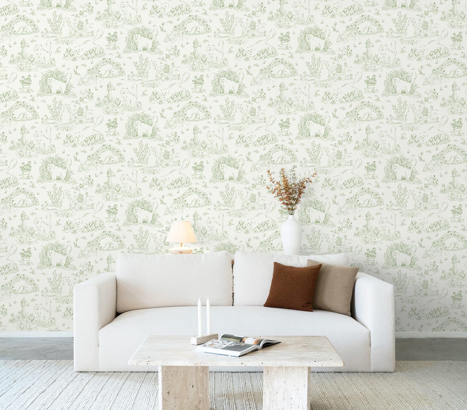 Folia winylowa, zielone koty, skrzynki pocztowe i botaniczna, samoprzylepna tapeta 44 x 1000 cm, styl boho, tapeta ze wzorem w stylu boho, do pokoju dziecięcego, sypialni, szafy, dekoracja