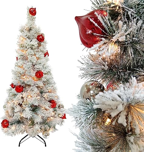 Árbol de Navidad artificial nevado, árbol de Navidad artificial de 4.5 pies preiluminado, delgado y delgado, decoración de vacaciones con 150 luces