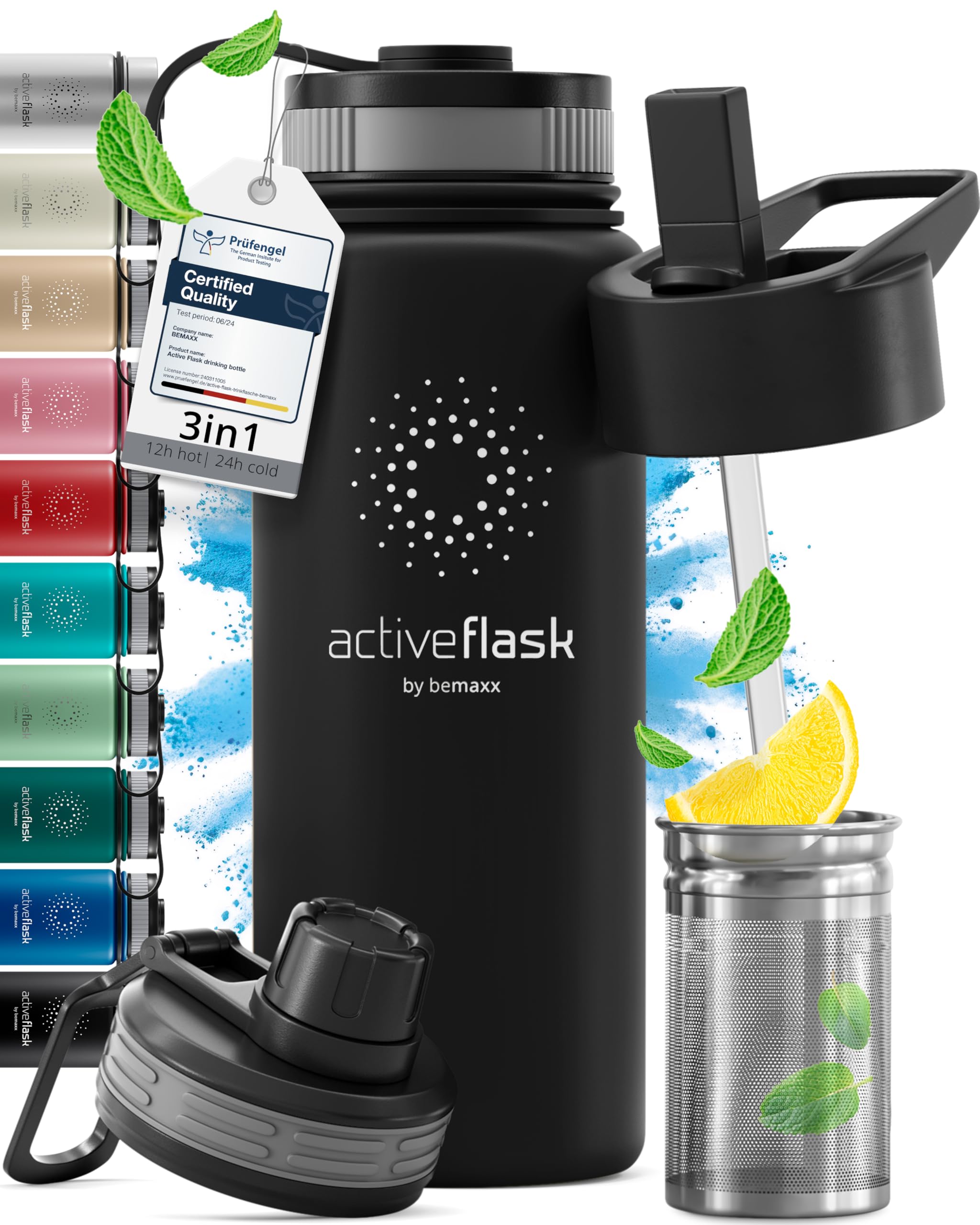 Trinkflasche Edelstahl ACTIVE FLASK + Strohhalm (3 Deckel) BPA-frei, Auslaufsicher, Kohlensäure geeignet - Wasserflasche Fahrrad Thermosflasche Isoliert Isolierflasche Sport Wasser Flasche Kinder Tee