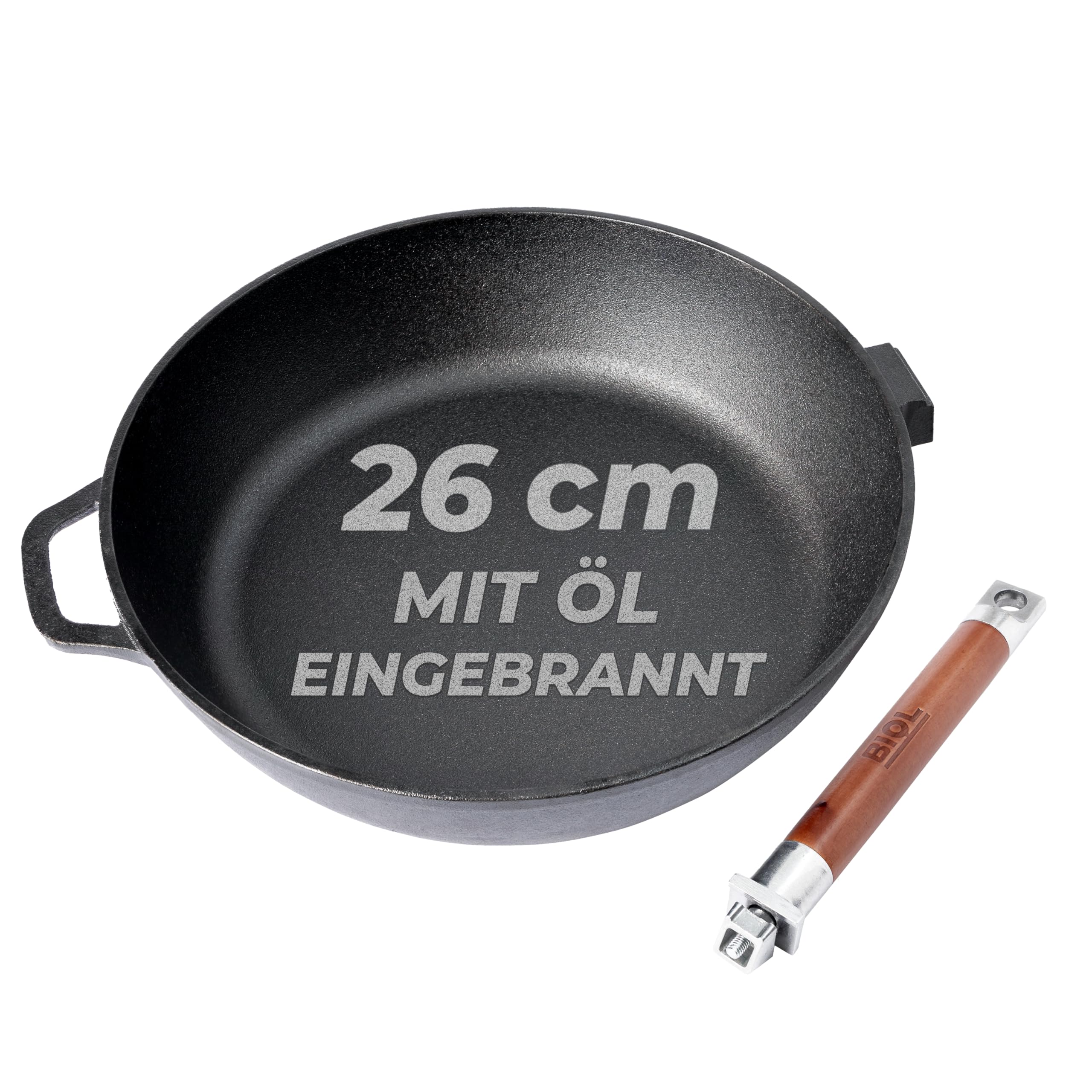 BIOL Głęboka patelnia żeliwna z odkręcaną drewnianą rączką, 26 cm, indukcja, wysoka jakość, uniwersalna patelnia do smażenia, duszenia i łatwego gotowania | Zdejmowany drewniany uchwyt, bez powłoki, nadaje się do piekarnika, nadaje się do grilla, naturaln