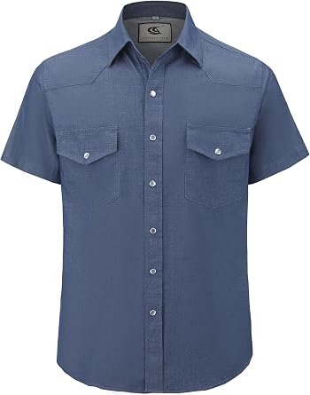 Mens Denim Western Cowboy Pearl Snap Casual Button Down Up Dress Light Weight Short Sleeve Soild Work Shirts