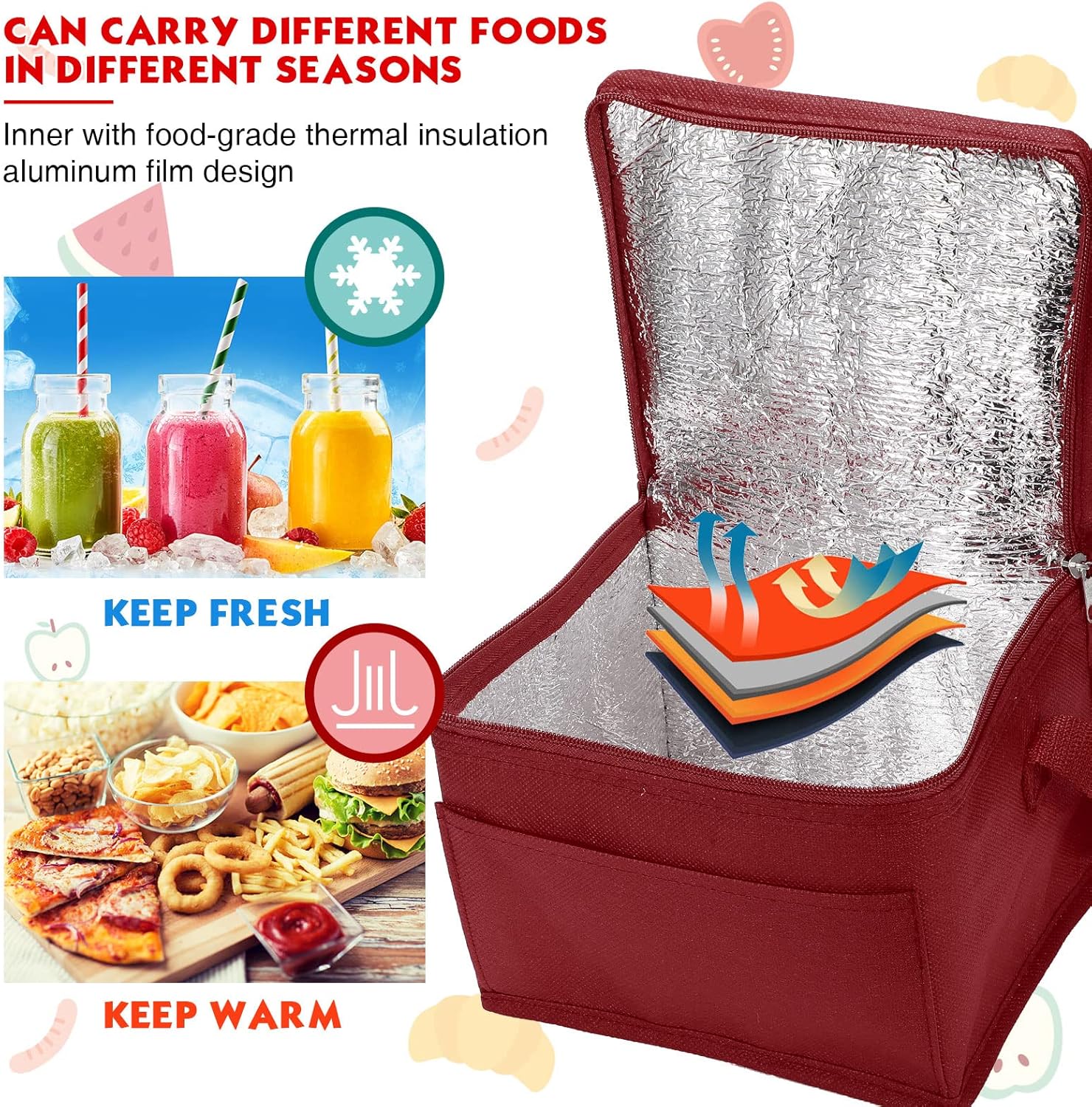 Nuogo 15 Pack Insulated Lunch Bags Bulk, Reusable Cooler Boxes, Leakproof Lunch Boxes Set, Waterproof Thermal Coolers, Insulated Beverage Bag for Women Men Work Picnic Beach(Wine Red)