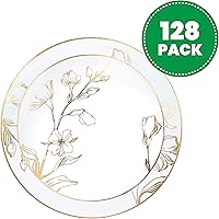 Vista 19 de Plasticpro - Platos de fiesta con diseño floral de plástico blanco con borde dorado, platos desechables pesados, elegantes y de alta calidad