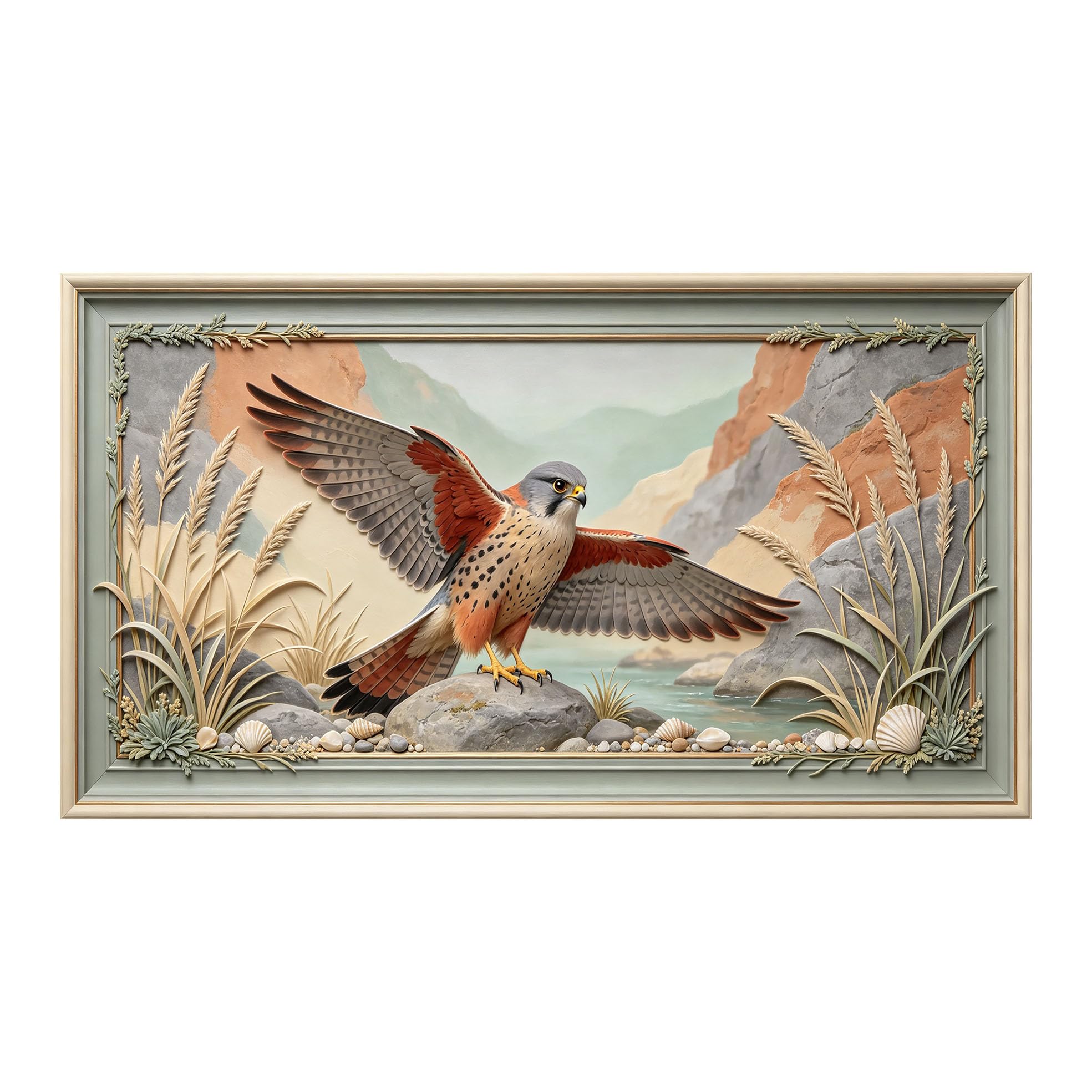 Murasolite 3D 3D Framed Wall Art 50cm×90cm Mountain Falcon Landscape Relief Effect SelfAdhesive Fabric Mural Wall Decor, Peel and Stick No Damage to Wall for Bedroom Living Room
