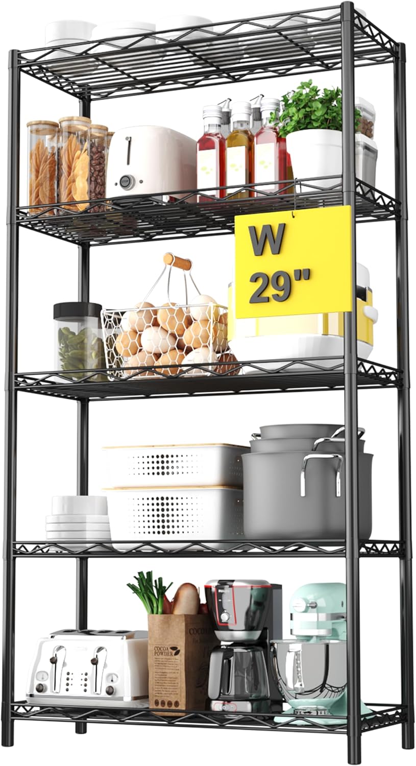 HOMEFORT 5-Tier Wire Shelving Unit, Extra Wide Metal Storage Rack, Free Standing Rack, Durable Organizer Perfect for Pantry Closet Kitchen Laundry Organization in Black, 29" W x 14" D x 61" H Black 5 Tiers-29”W