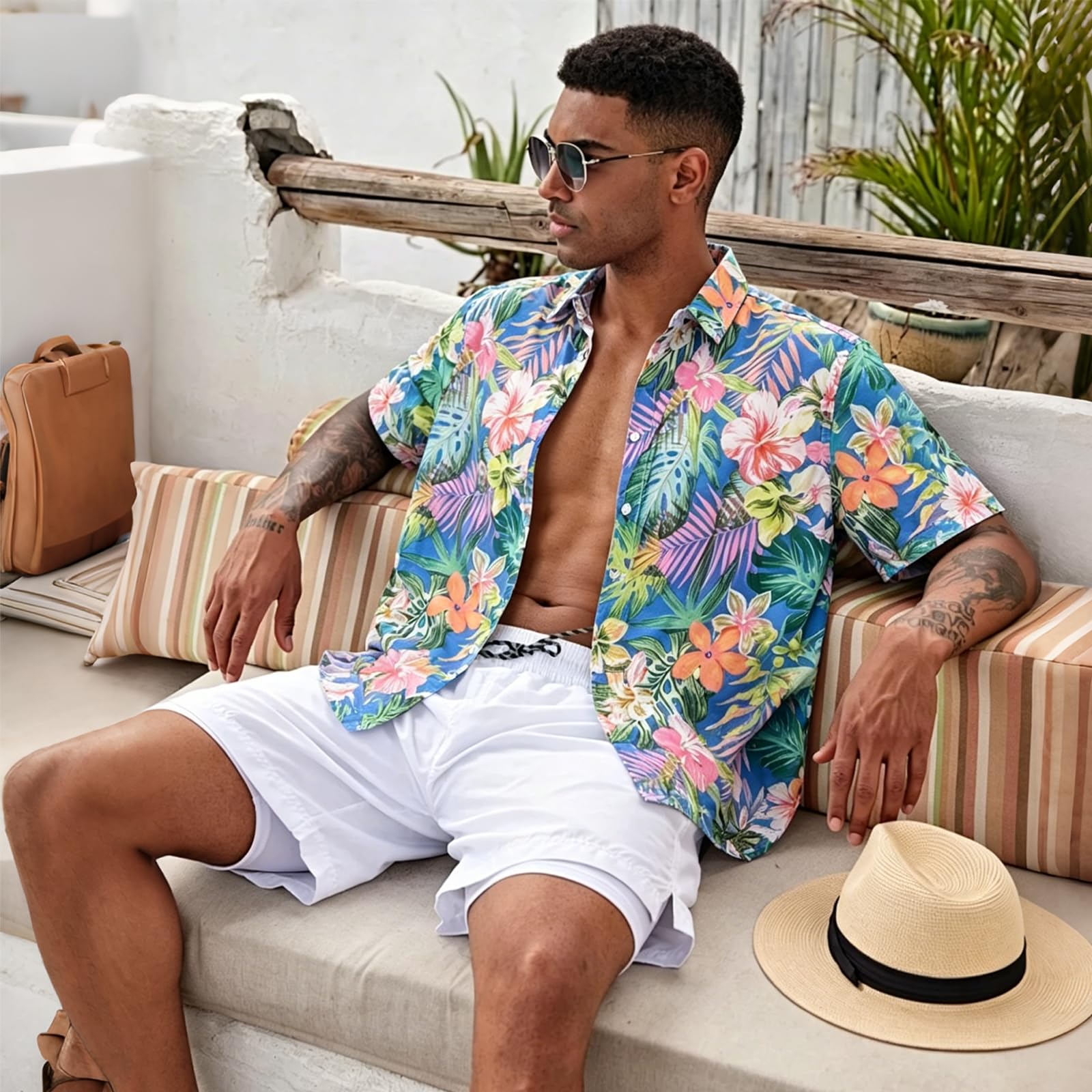Camicia hawaiana da uomo, a maniche corte, estiva, per il tempo libero, con fiori, per vacanze, feste