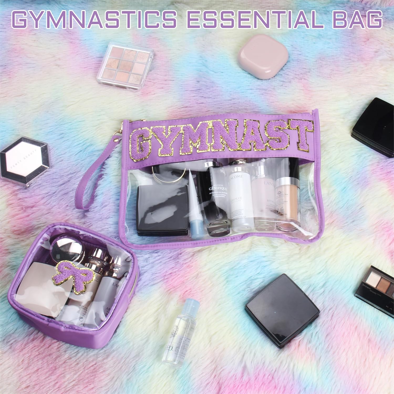 2 Pcs Gymnastics Gifts Cosmetic Makeup Bag with Chenille Letter Patch, Clear Pouch PVC Organizer Purse, Waterproof Travel Bag, Portable Toiletry Storage Bag for Her Girls Friends Women - Image 5