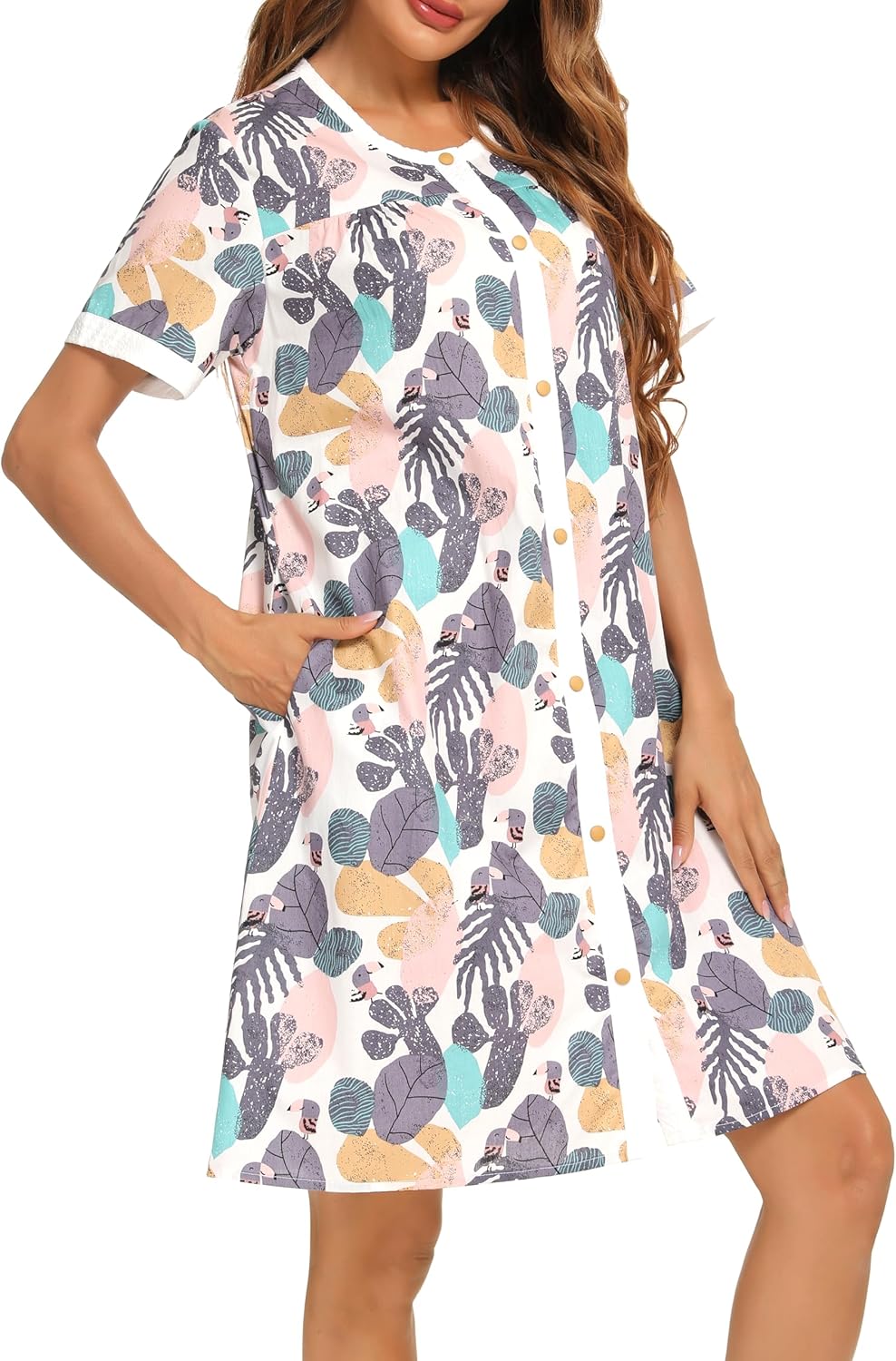 YOZLY House Dress for Women Short Sleeve House Coats Dusters Robe Moomoo nightgowns with Pockets - Image 4