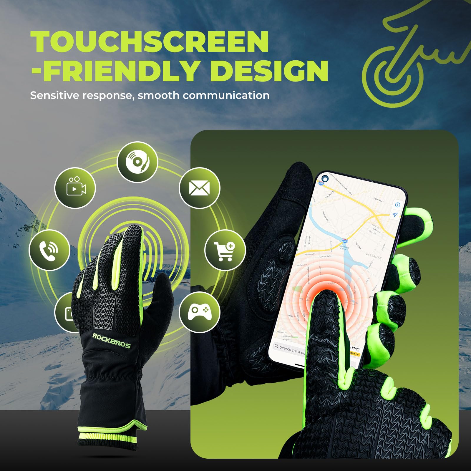 ROCKBROS Guanti Invernali Termici Thinsulate, Guanti da Ciclismo Sci Corsa Uomo Donna, Touch Screen, Antivento Caldo, Palmo Antiscivolo, Nero Verde