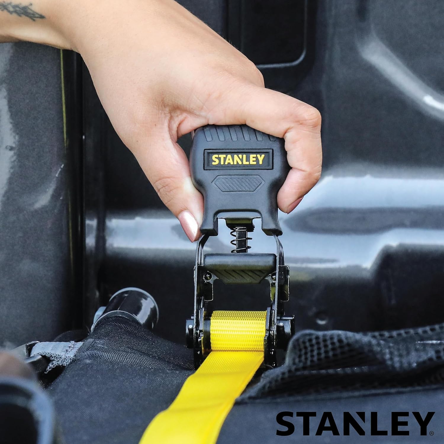 STANLEY S10004-12 Black/Yellow 1" X 12' Ratchet Straps - 500 LBS Safe Working Load / 1,500 LBS Break Strength, 4 Pack - Image 7