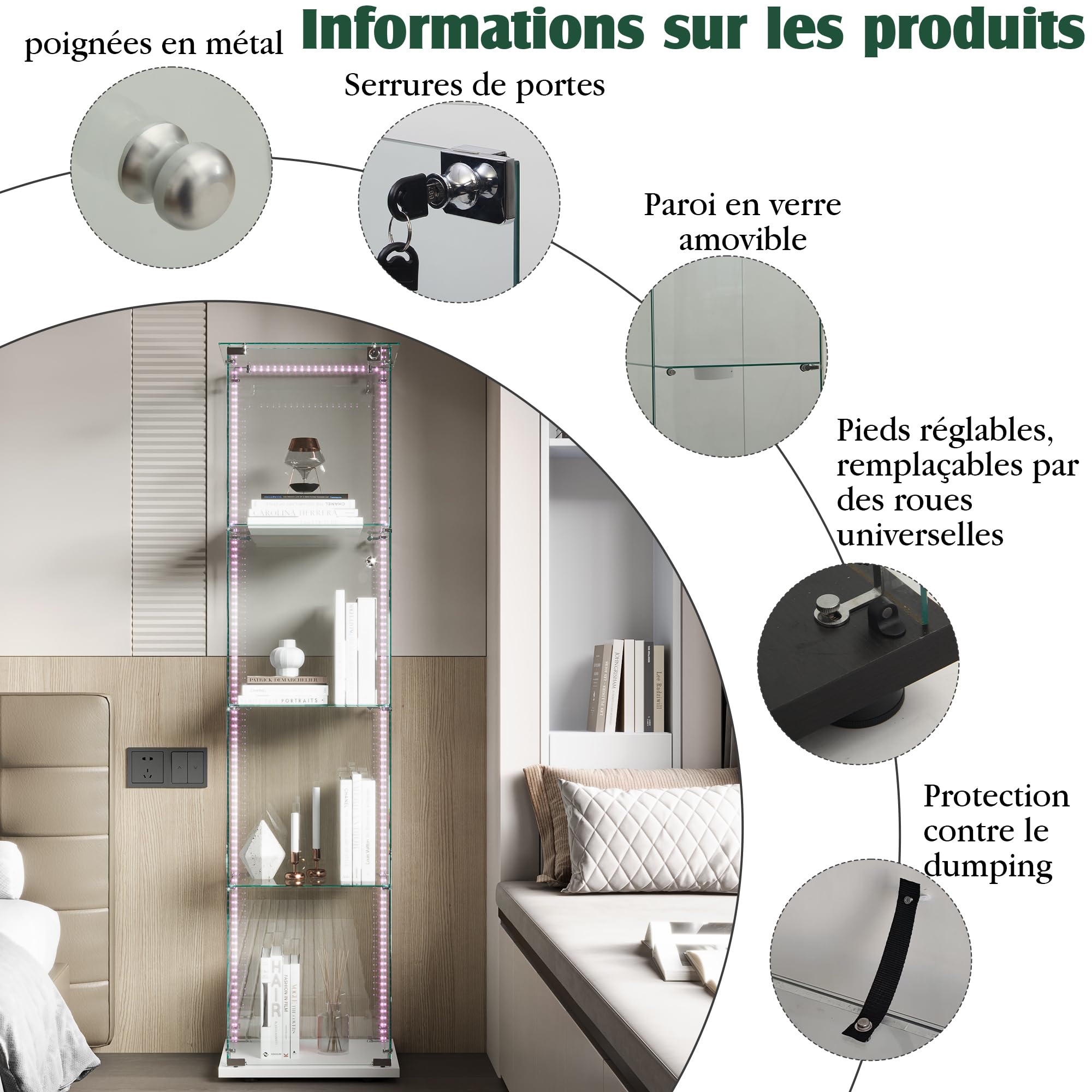 Vitrina de cristal de pie, Vitrina de cristal de pie con LED, 4 capas de cristal madera cristal vitrina armario vitrina 1 puerta y cerradura vitrina armario de cristal armario expositor vitrina de