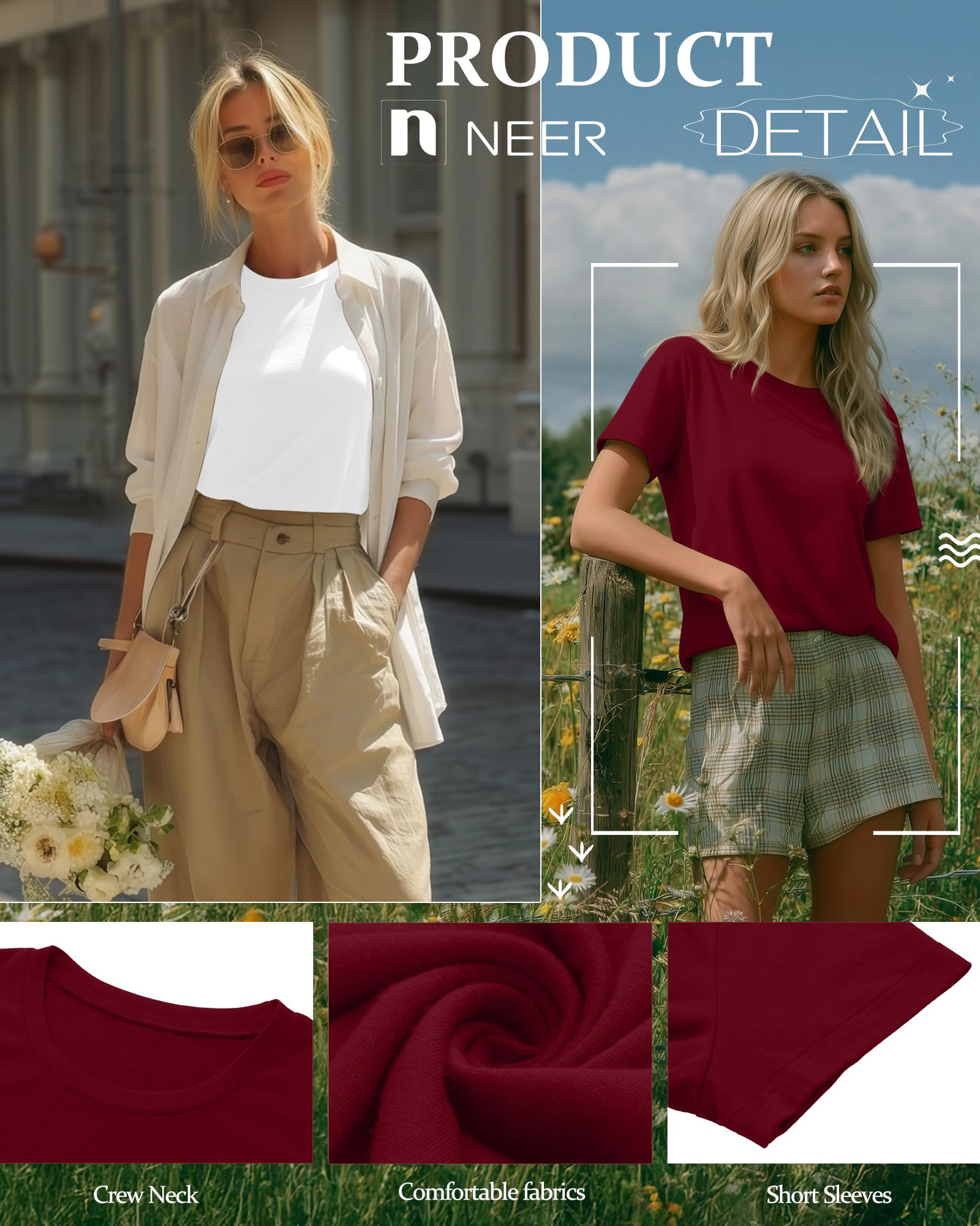 Neer Paquete de 4 camisetas de cuello redondo para mujer, de manga corta, casuales, básicas, holgadas, con dobladillo plano
