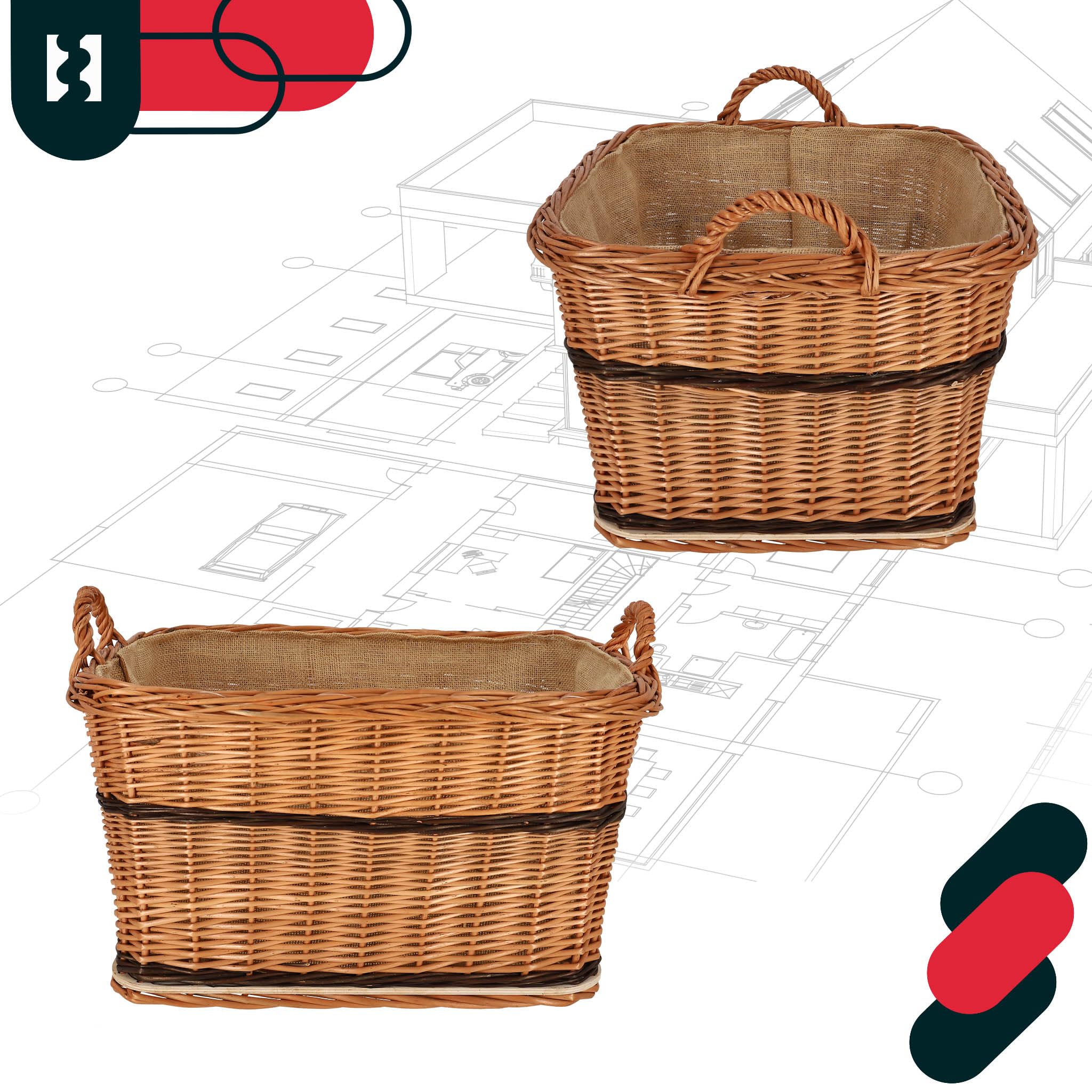 KOTARBAU® Cesto Vimini - Cesta Porta Legna Camino - 55 x 45 cm - Bicolore - Cestino in Vimini con Manico - Cesta Legna - Rustico - Robusto - per Interni