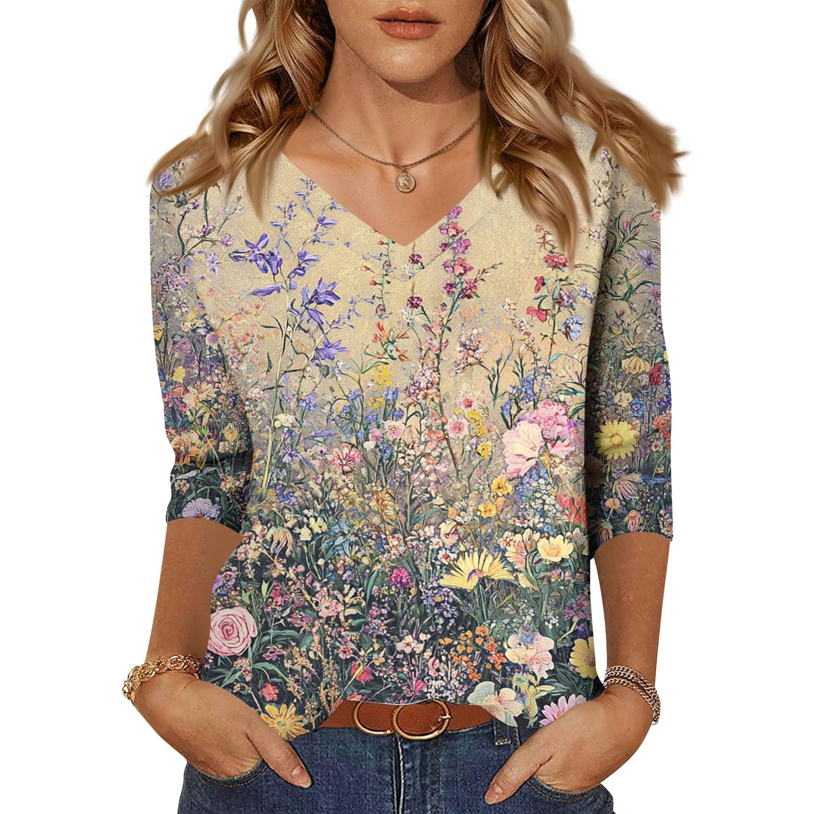 SERYU 3 4 Sleeve Shirts for Women V Neck Casual Fall Fashion Blouses Basic Tunic Tops Dressy Work