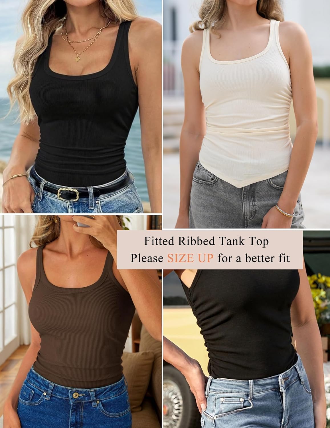 Zeagoo Ribbed Tank Tops for Women 3 Pack Sleeveless Scoop Neck Ruched Cute Summer Shirts - Image 2