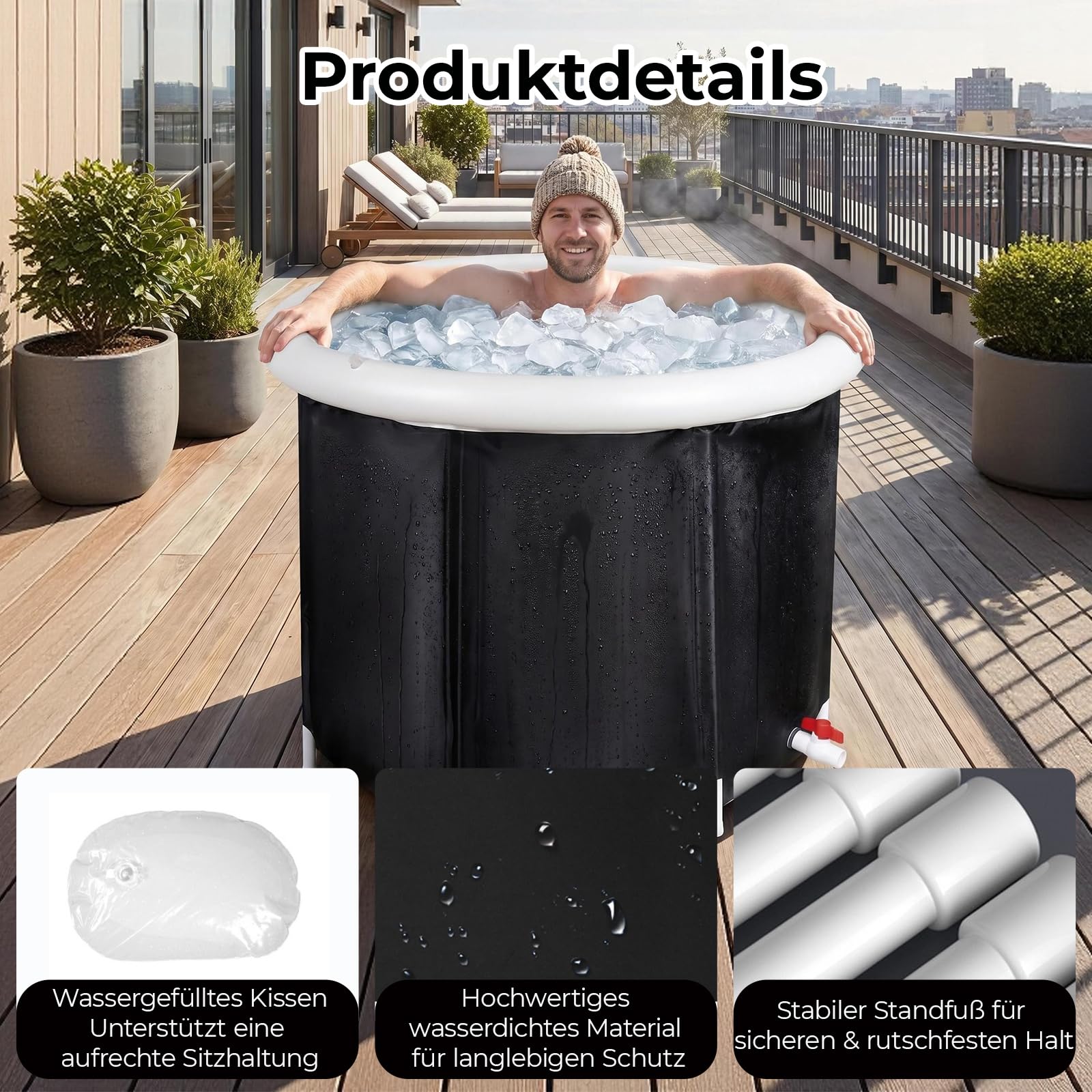 Eisbadewanne für Athleten 68cm Höhe Faltbare Aufblasbare Badewanne Tragbares Eisbad für den Innen- und Außenbereich Kältebad Kryotherapie Erwachsene Sitzbadewanne Outdoor Schwarz