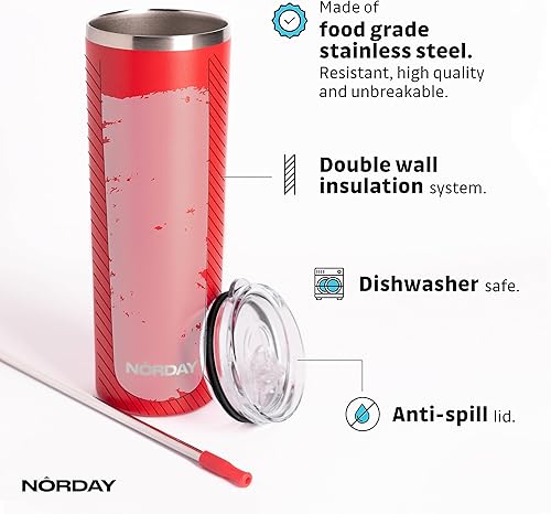 Miniatura 4 de NORDAY  Vaso con tapa y popote - Delgado 22oz - Rojo  Vaso aislado - Vaso de viaje - Vasos de acero inoxidable - Vaso de café de doble pared -