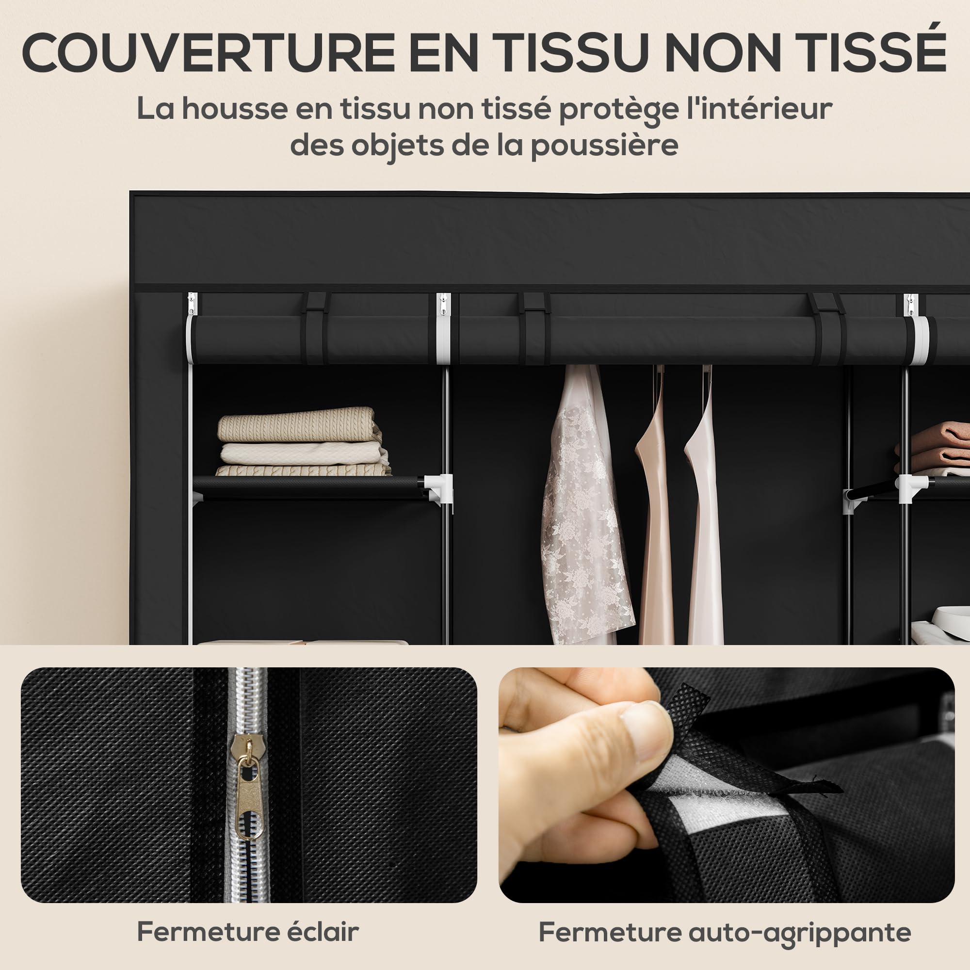 HOMCOM Armoire Penderie en Tissu 150 x 43 x 162,5 cm Noir | Meuble de Rangement, Tringle à Vêtements, Étagères Ouvertes, Penderie Vêtement Dressing, pour Chambre à Coucher