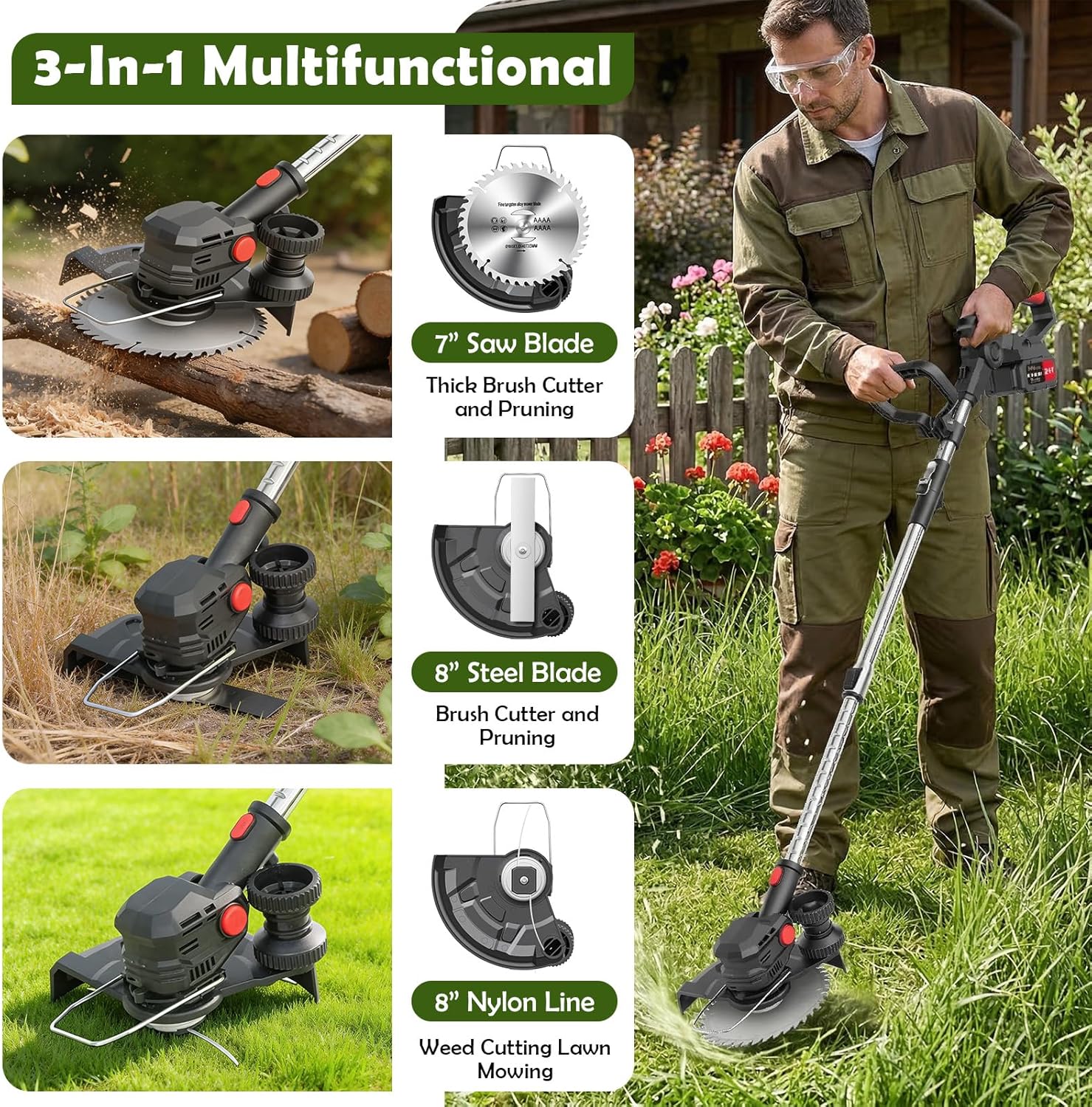 24V Cordless String Trimmer, 8-inch Battery Powered Weed Wacker with 2x4.0Ah Batteries, Foldable 3-in-1 Brush Cutter, 3 Types Blades Electric Lawn Edger with Side Wheel Assist for Yard & Garden