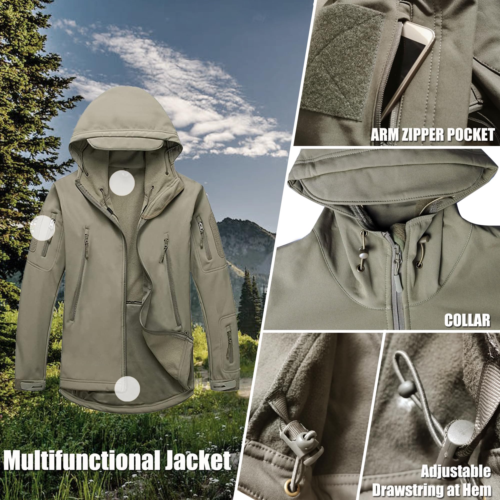 Kelmon Uomo Tattico Softshell Giacca Multifunzionale Outdoor Camouflage Militare Pile Fodera Impermeabile Antivento Calda Cappuccio Cappotto