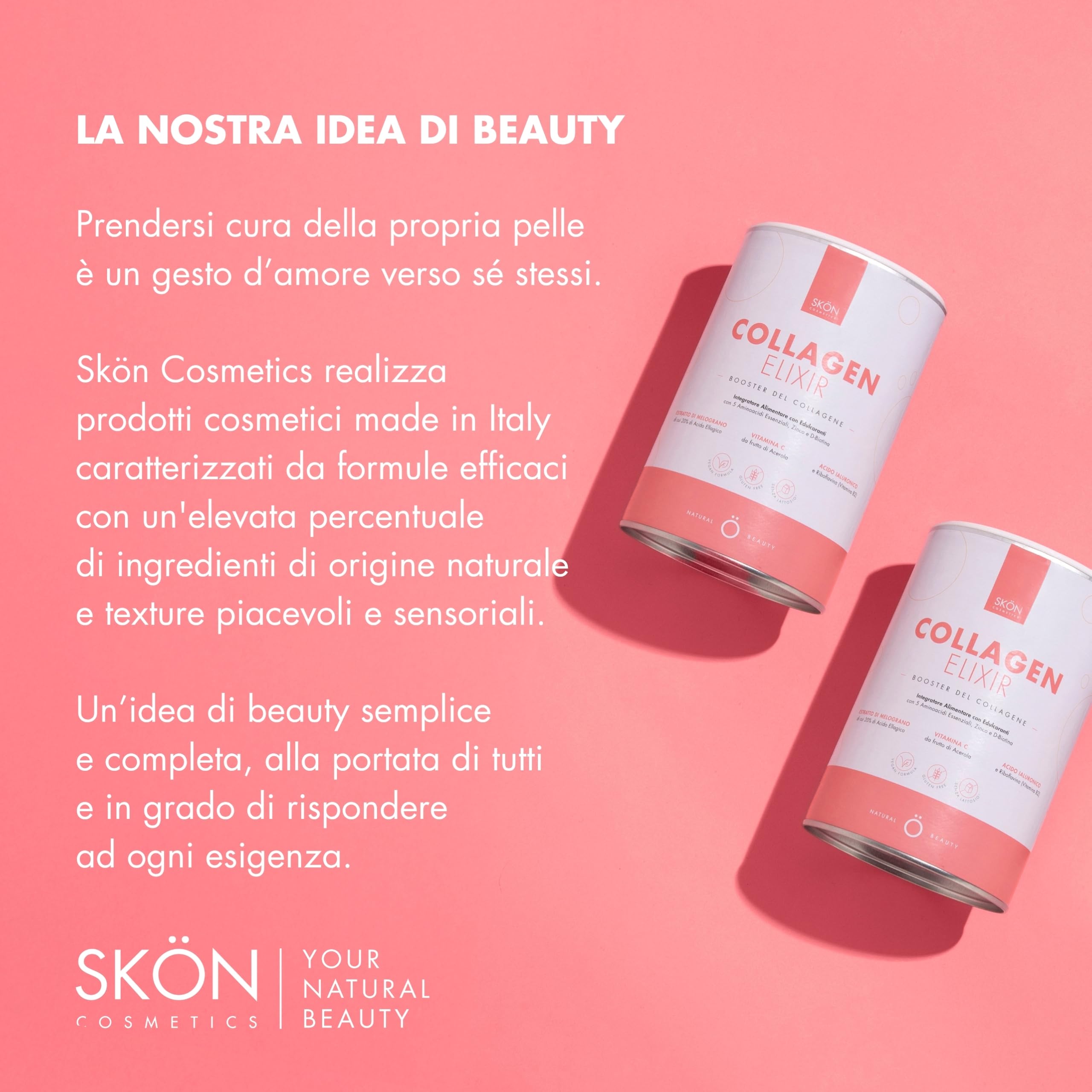 Skön Collagen Elixir - Integratore Collagene e Acido Ialuronico in Polvere con Vitamina C Biotina Niacina, Supporta la Produzione di Collagene - Integratore Capelli Unghie Pelle, 240gx2, Made in Italy