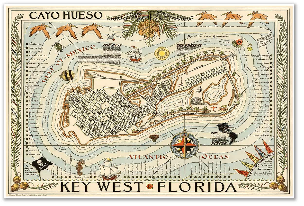 Antiguos Maps Cayo Hueso - Key West Florida Illustrated Pictorial Art Print circa 1940 | Art Print Poster Vintage Wall Decor | 24 x 36 inches (610 x 915 mm)