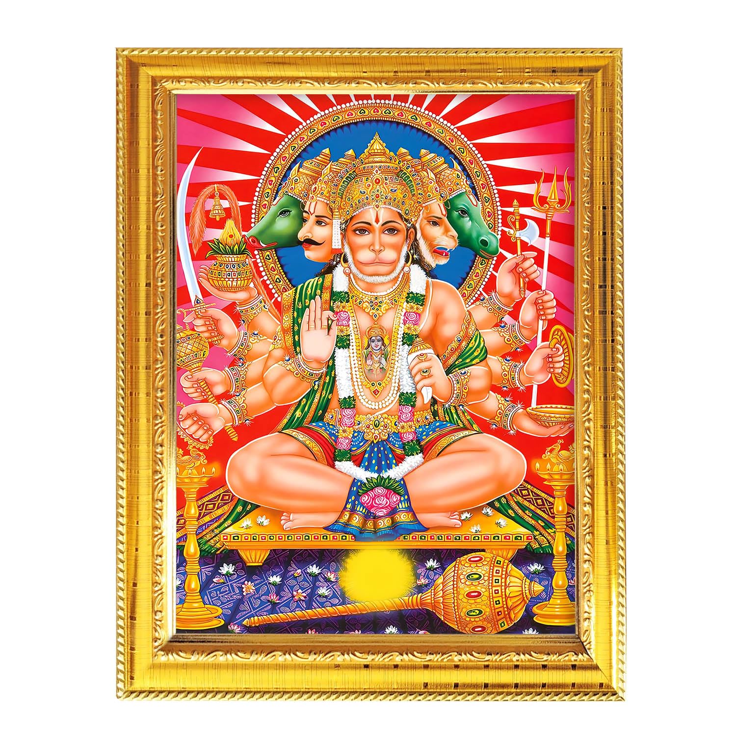 Panchmukhi Hanuman Elegant Hindu God Golden Photo Frame Decorative Frame for Divine Images & Religious Art, Perfect for Home & Office 8.3X6.5