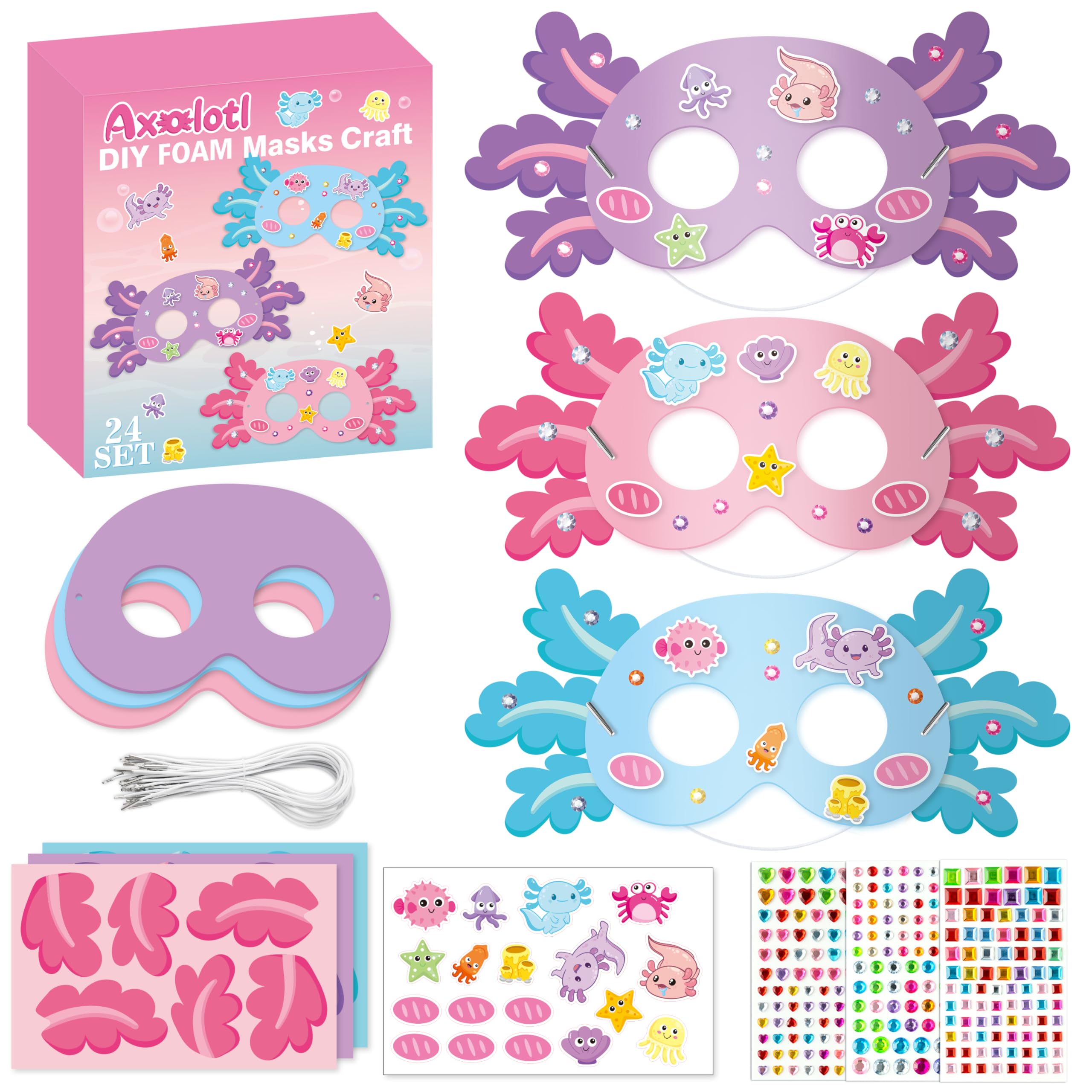 FoszaSzept Axolotl DIY Mask Craft Kit, 24Pcs Sea World Foam Axolotl Face Mask with Diamond Stickers, Make Your Own EVA Animal Birthday Party Favors for Kids School Classroom Art Activity Project
