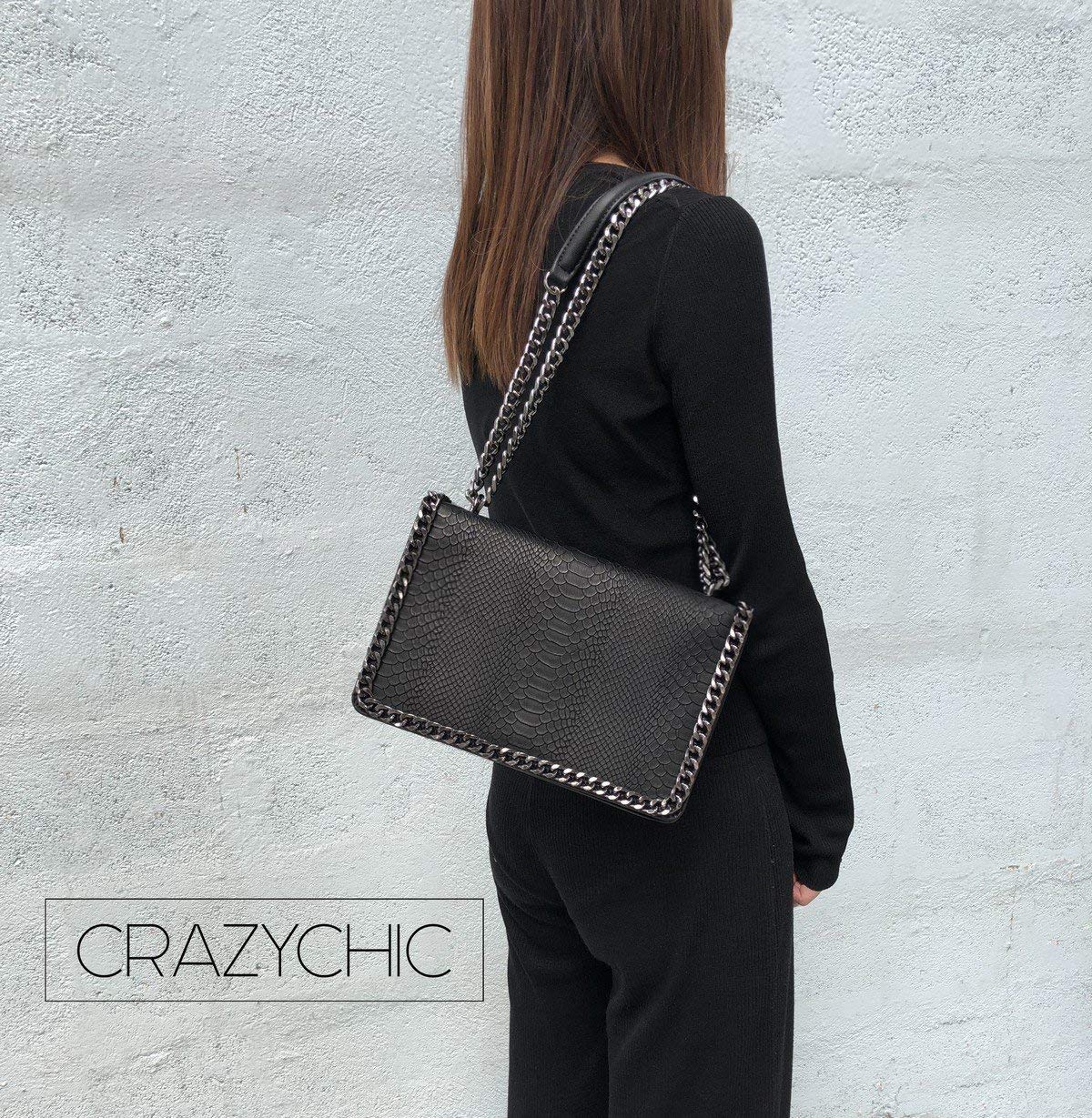CRAZYCHIC - Damen Kette Umhängetasche - Schlange Leder Gesteppte Klappe Schultertasche - Python Steppmuster Abendtasche Pochette Kettentasche - Frauen Modische Handtasche Trendy Tasche - Schwarz
