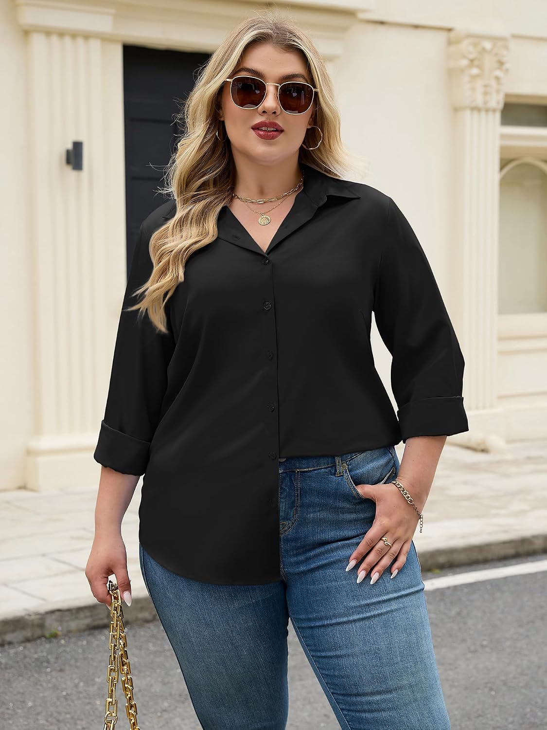 siliteelon Plus Size Button Down Shirts for Women 4-Way Stretch Long Sleeve image 3