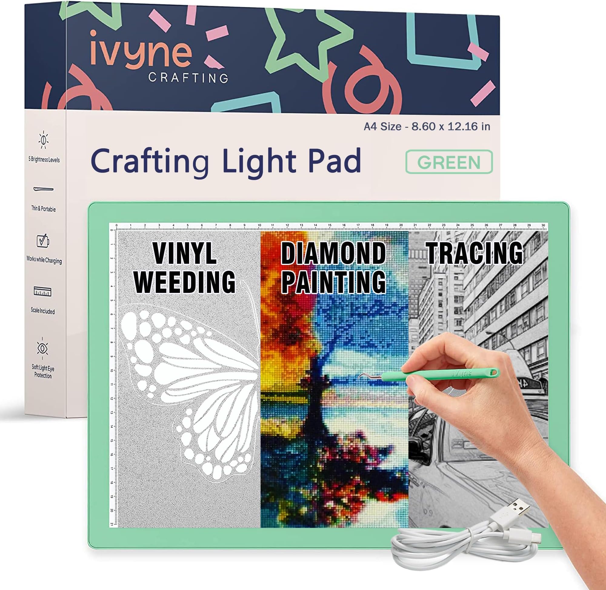 iVyne Corded Light Pad for Weeding Vinyl - A4 Light Box for Drawing - Light Board for Tracing - Light Box for Diamond Painting, Weeding Vinyl, Sketching, Tracing (Green)