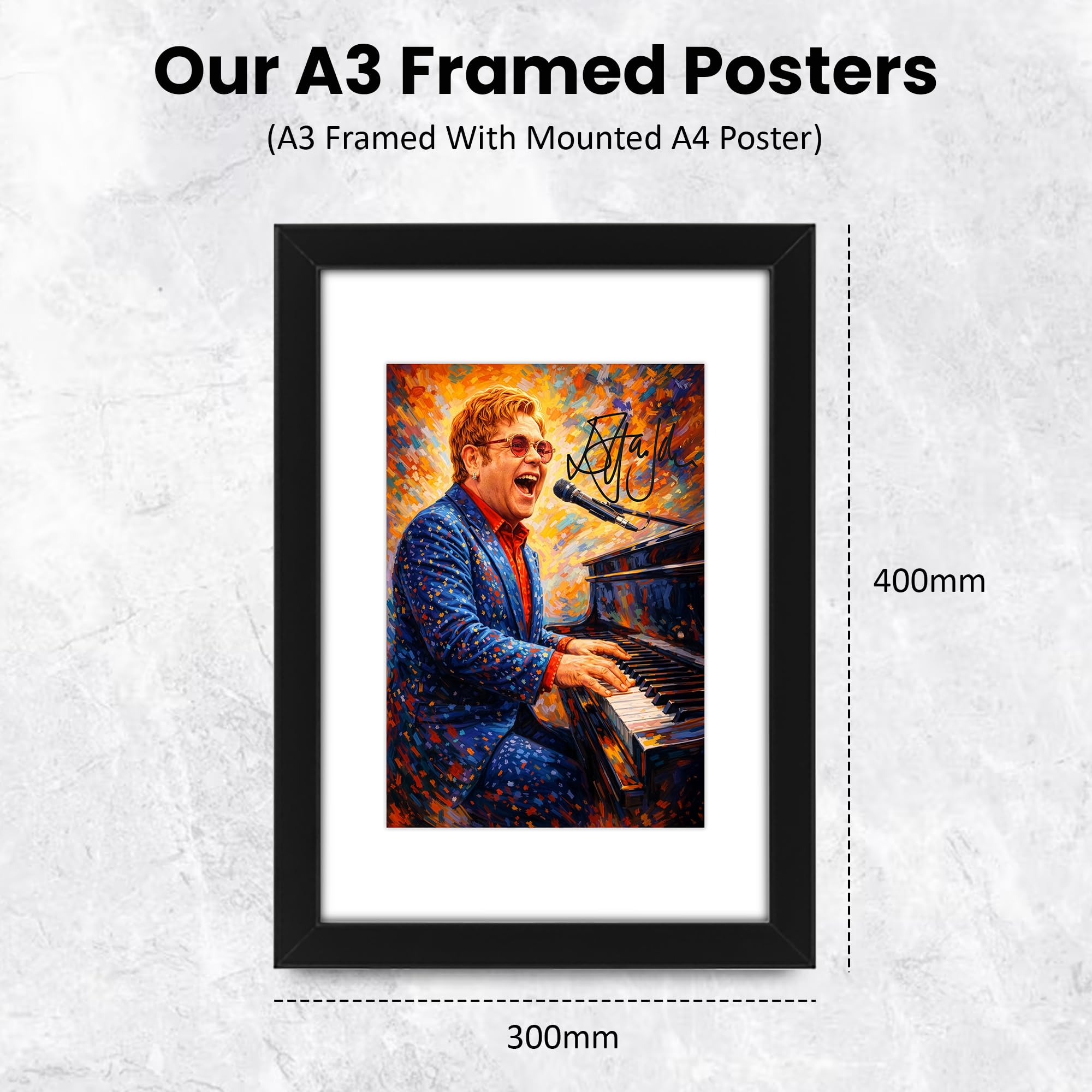 Stampa artistica da parete con autografo di Elton John Art, edizione limitata, idea regalo per fan, memorabilia da collezione, Rocketman Legend Tribute (A3 incorniciata con passepartout)