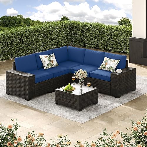 Jing's Villa 6-Piece Patio Furniture Set, All-Weather Outdoor Wicker Sectional Sofa with Cushions, Glass Table & Left and Right Armrest, Rattan Conversation Seating for Porch, Garden, Backyard,Navy