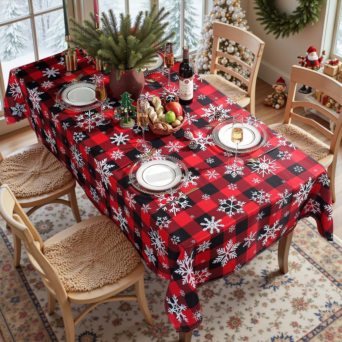 Mantel de Navidad rectangular, mantel a cuadros con decoraciones de copo de nieve, pesado y a prueba de derrames, para comedor, fiestas y vacaciones (patrones de nieve, rectangular, 60 x 84 pulgadas