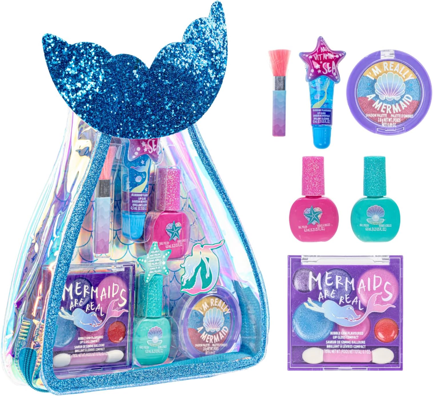 Mermaid Vibes Makeup Set with 8 Pieces, Including Lip Gloss, Nail Polish, Body Shimmer and More in Mermaid Bag, Ages 3+ for Parties, Sleepovers and Makeovers