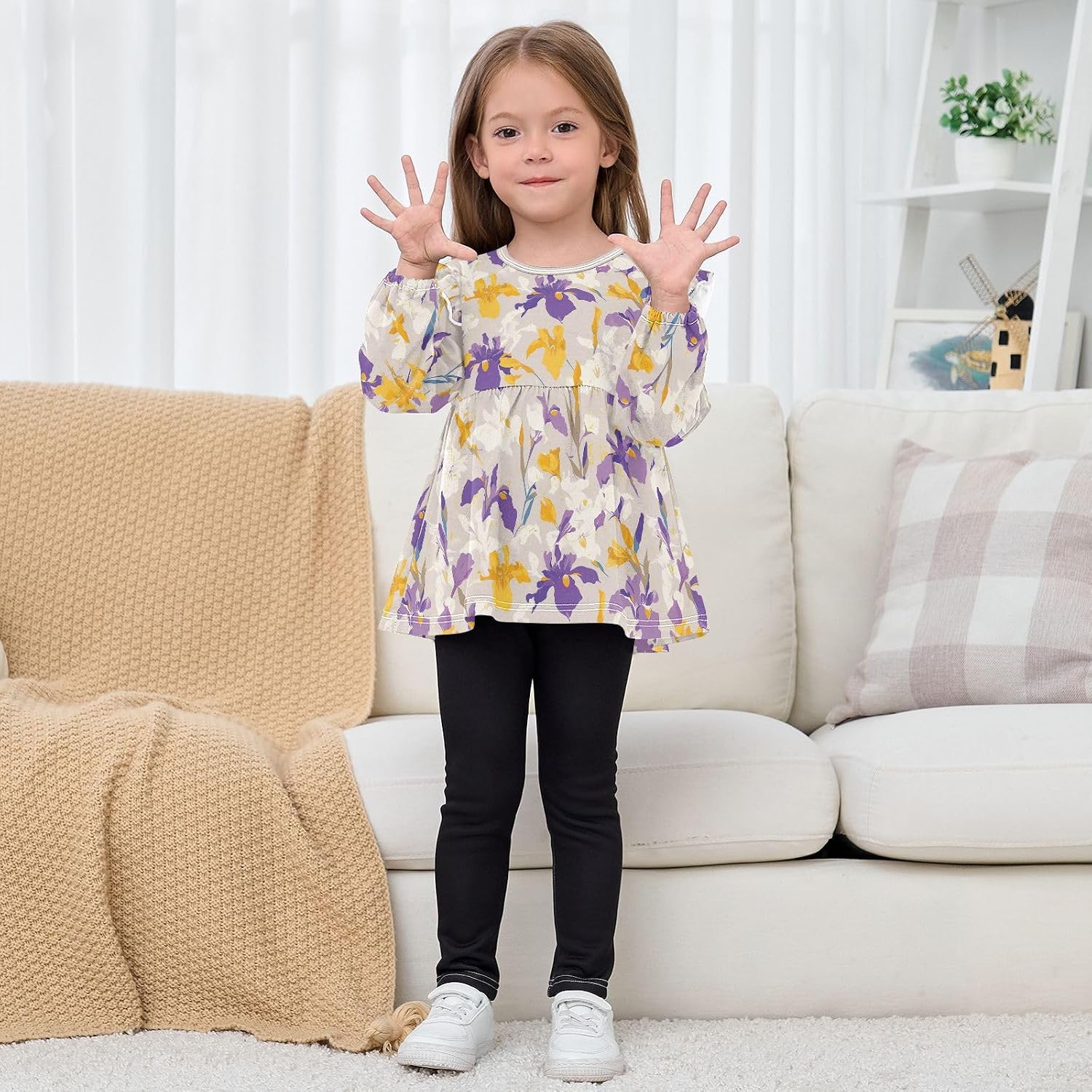 visesunny Toddler Clothes for Girls Purple White Iris Long Sleeve Fall Shirts Cotton Top with Ruffle Collar