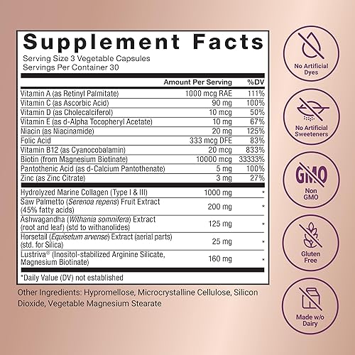 Miniatura 7 de Force Factor Multivitamínico acelerador del crecimiento del cabello para mujeres y hombres, con Lustriva, biotina, cola de caballo y vitaminas A,