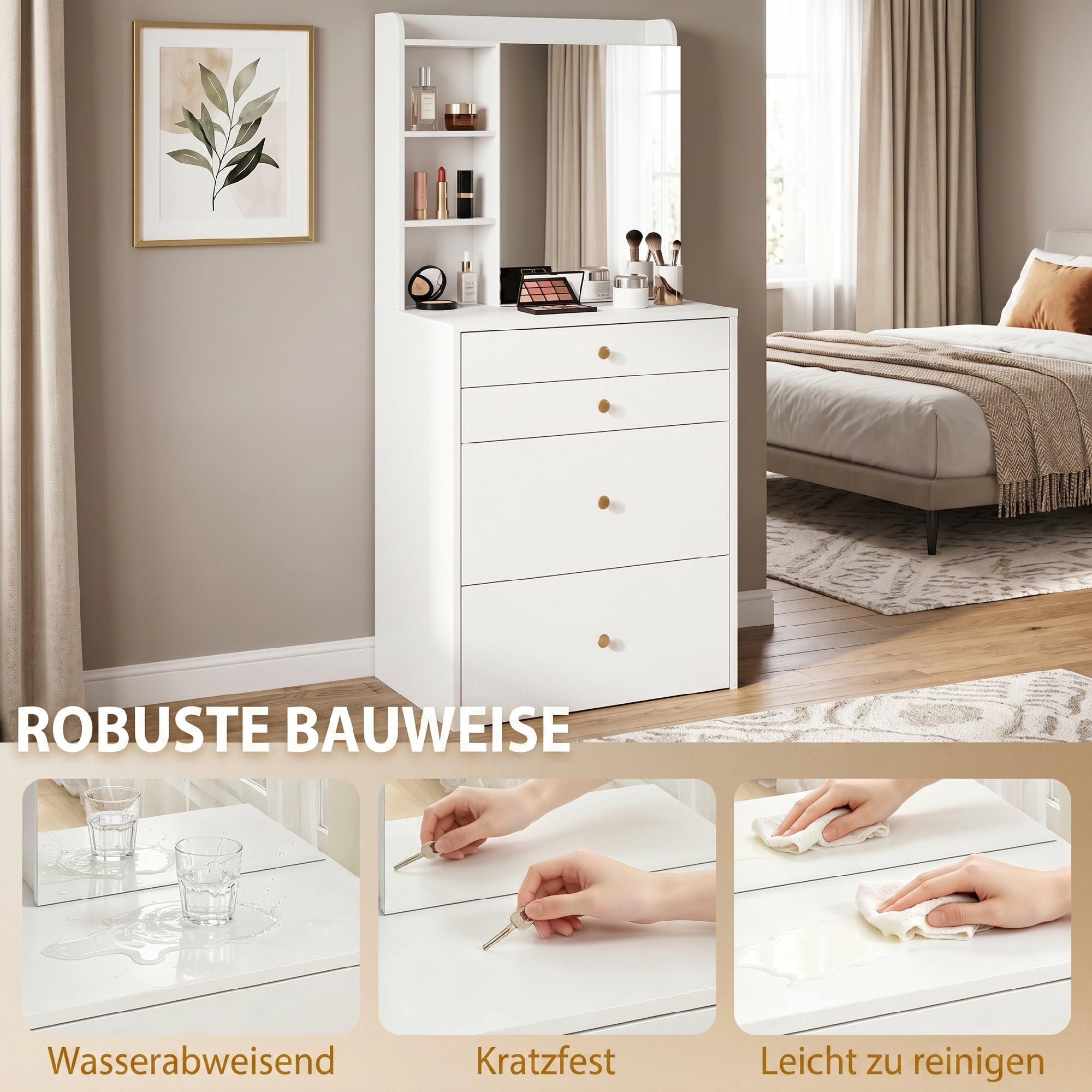 HOMCOM Schminktisch mit Spiegel und mobilem Hocker, Frisiertisch, Weiß