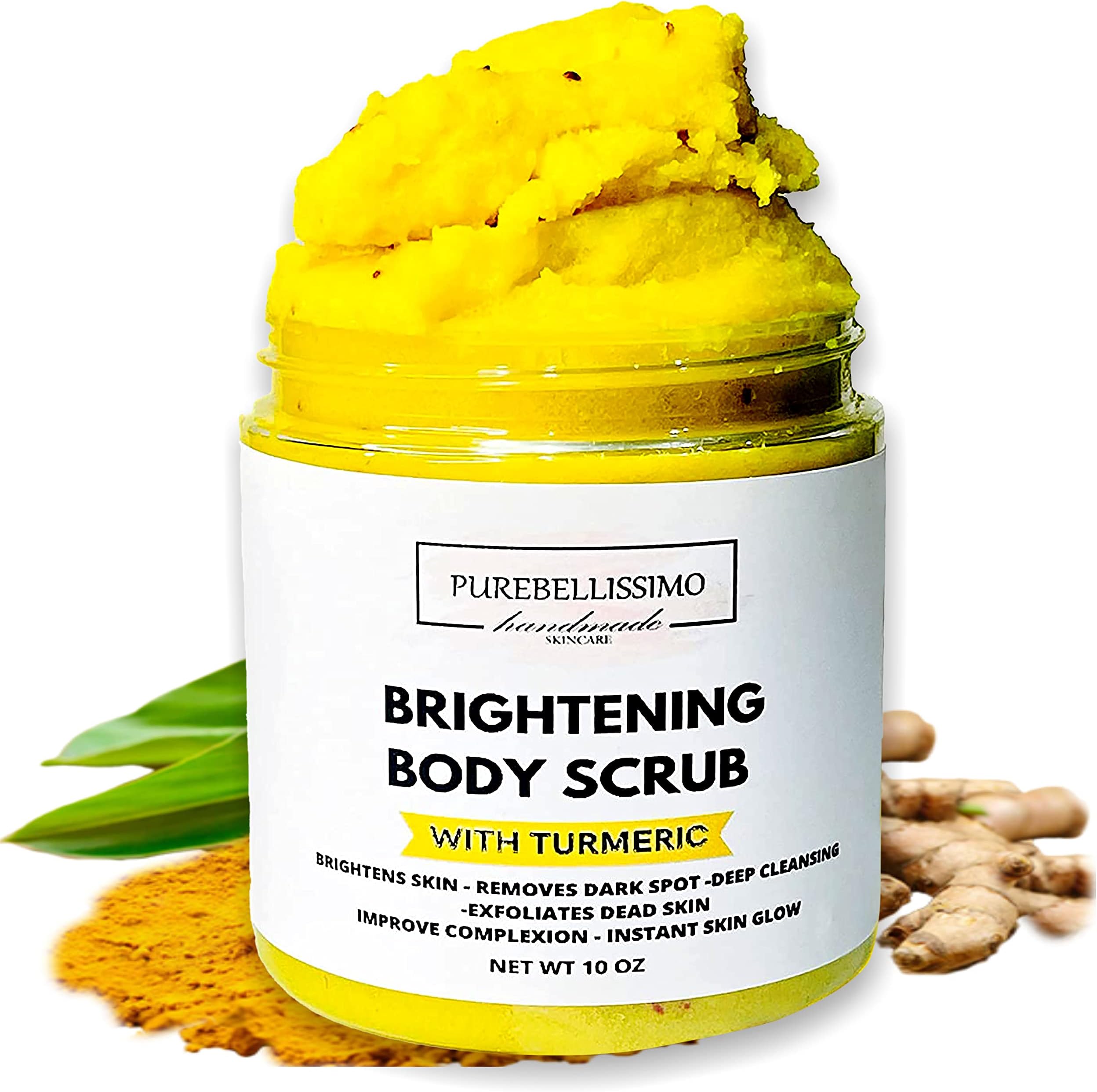 Turmeric Body Scrub for Smooth, Radiant-Looking Skin โ Natural Exfoliating Sugar Scrub with Turmeric โ Gentle Body Care for Dull, Uneven-Looking Skin โ 10 oz โ PureBellissimo