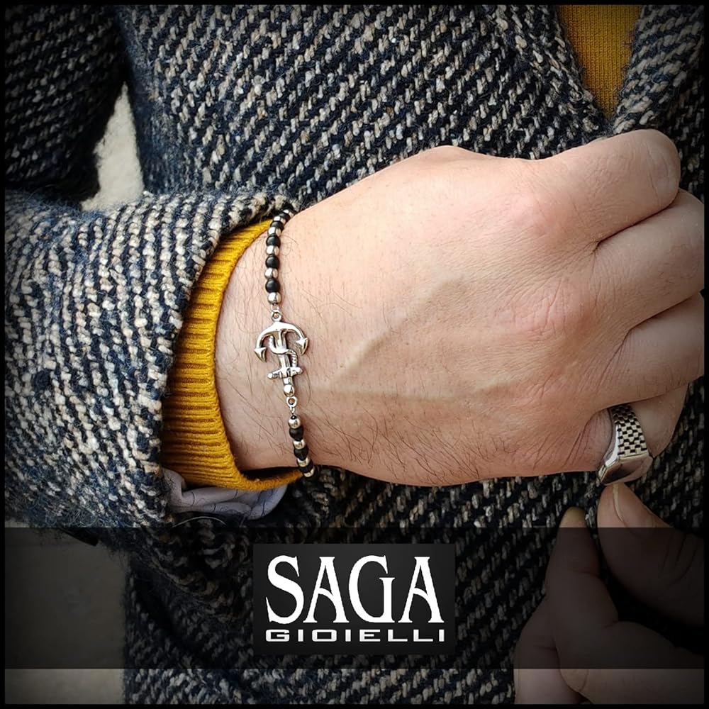 Bracciale Uomo SAGA GIOIELLI In Acciaio E Onice - Con Sfere E Ancora, Regolabile 17.5-22cm