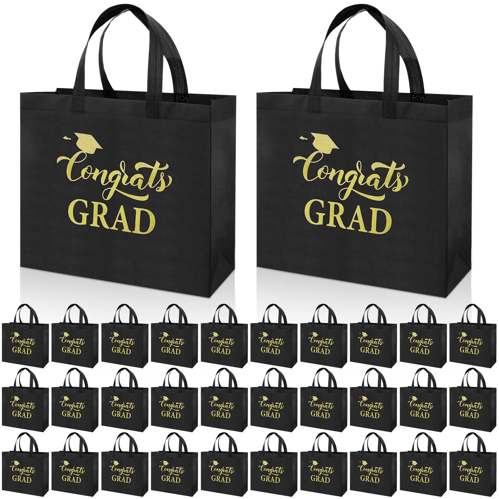 Sweetude 50 Pcs Graduation Gift Bags Bulk with Handles Reusable Congrats Grad Non Woven Tote Bags 12 x 11 x 5 Inches Black and Gold Graduation Party Favors for College High School Party Supplies