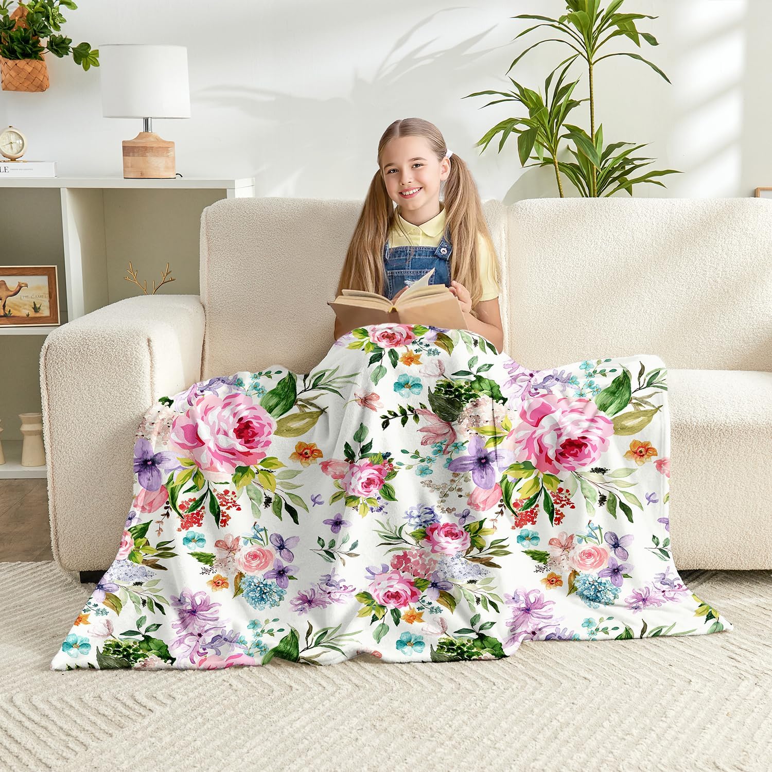 Floral Flannel Fleece Throw Blanket 60x80 Inches - Soft Plush Watercolor Flowers Print Blanket for Couch Bed Camping - Warm Lightweight Gifts for Women