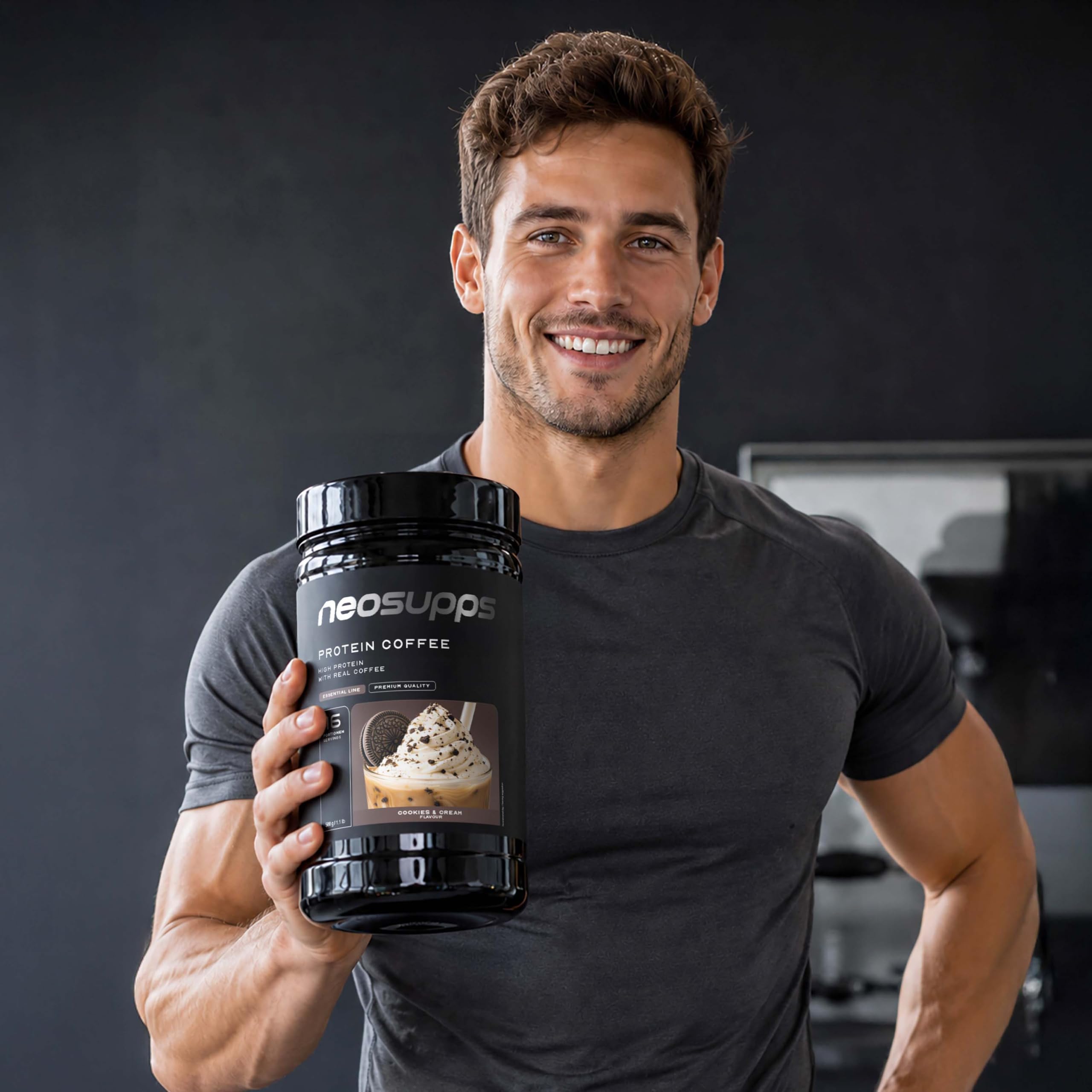 NEOSUPPS Protein Coffee Cookies & Cream 500g, Eiweißkaffee mit 20g Molkenprotein & 80mg Koffein pro Portion, Low Sugar Protein Drink mit echtem Kaffee & Cookie-Stückchen